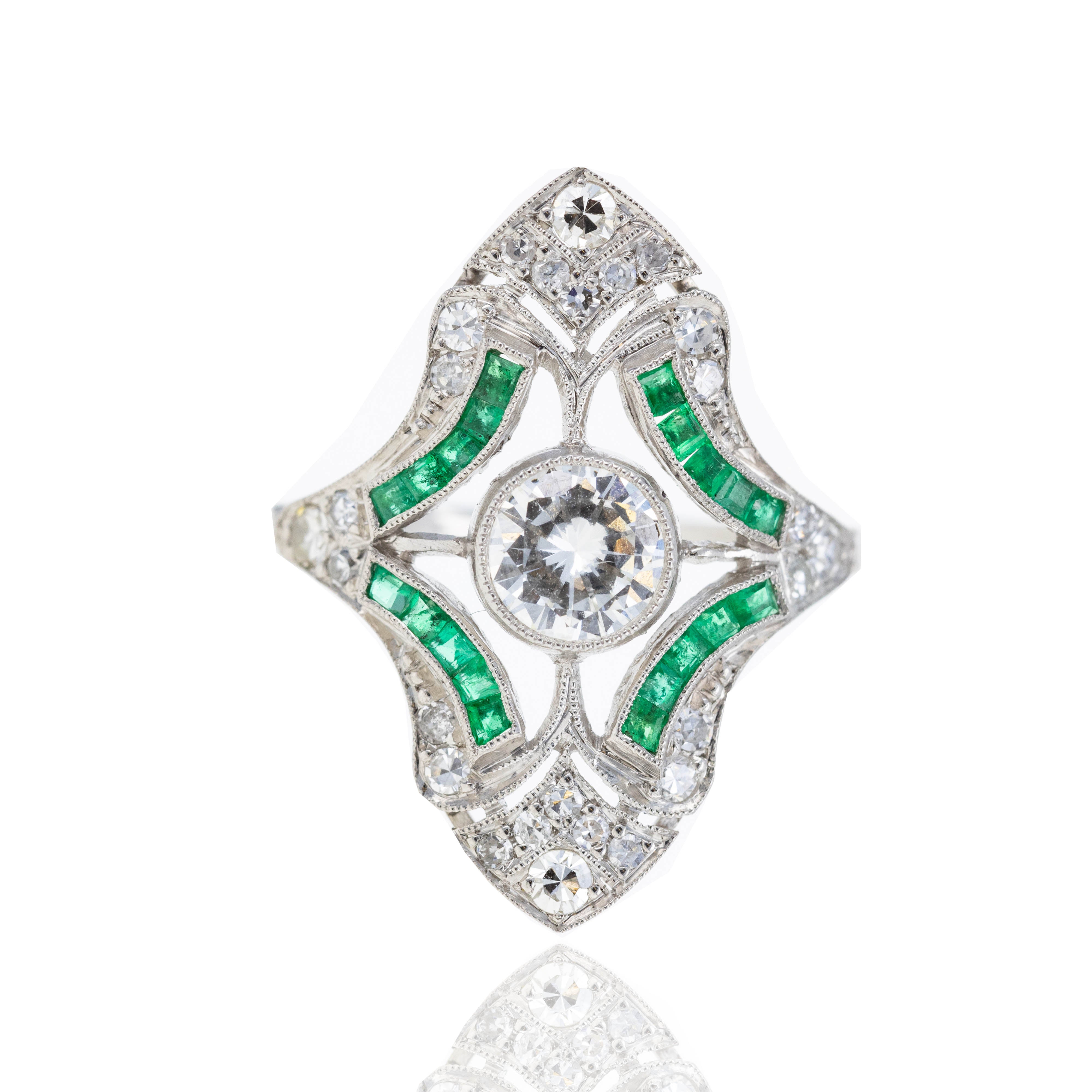 Art Deco Inspired Platinum 0.98 Carat Diamond Emerald Shield Ring - Queen May
