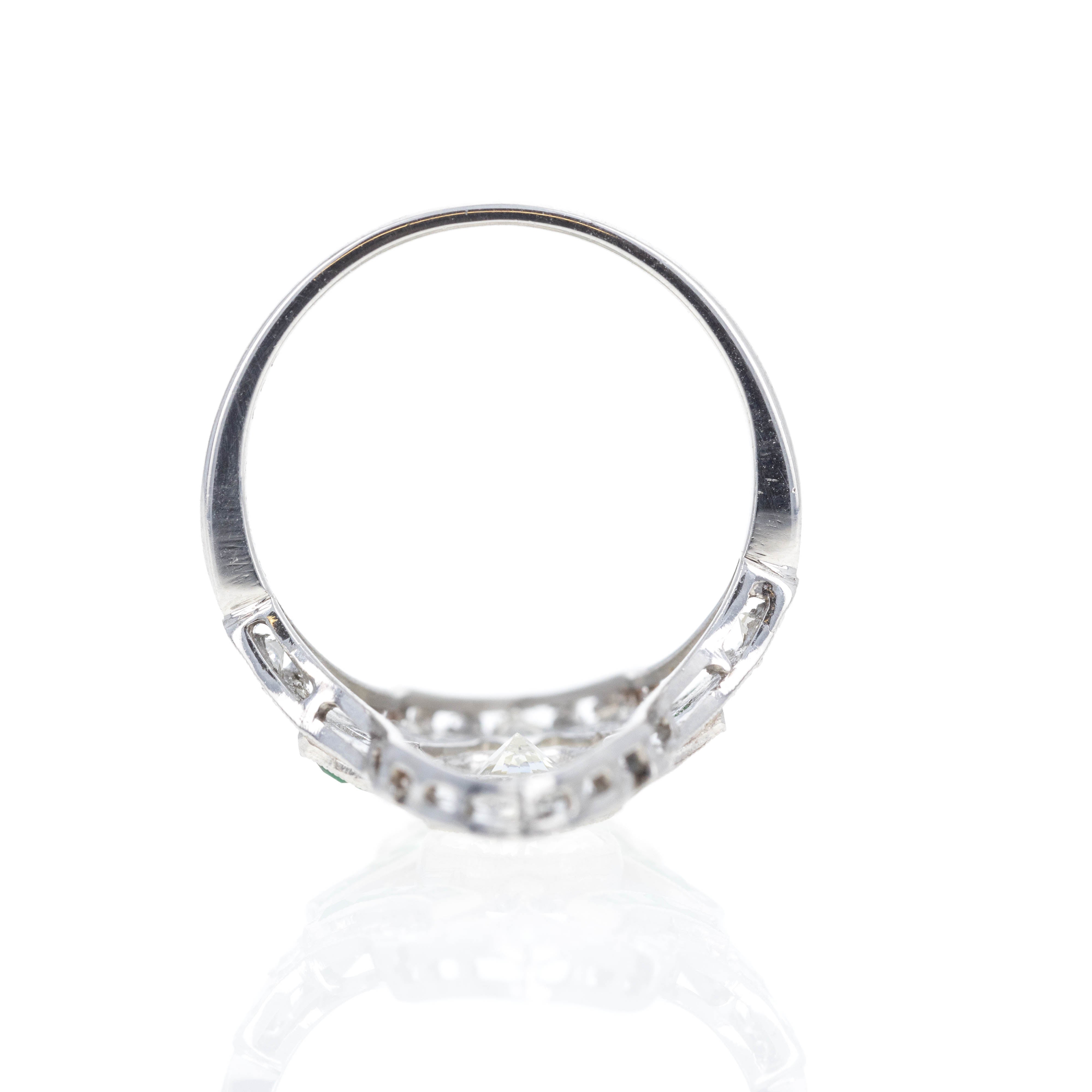 Art Deco Inspired Platinum 0.98 Carat Diamond Emerald Shield Ring - Queen May
