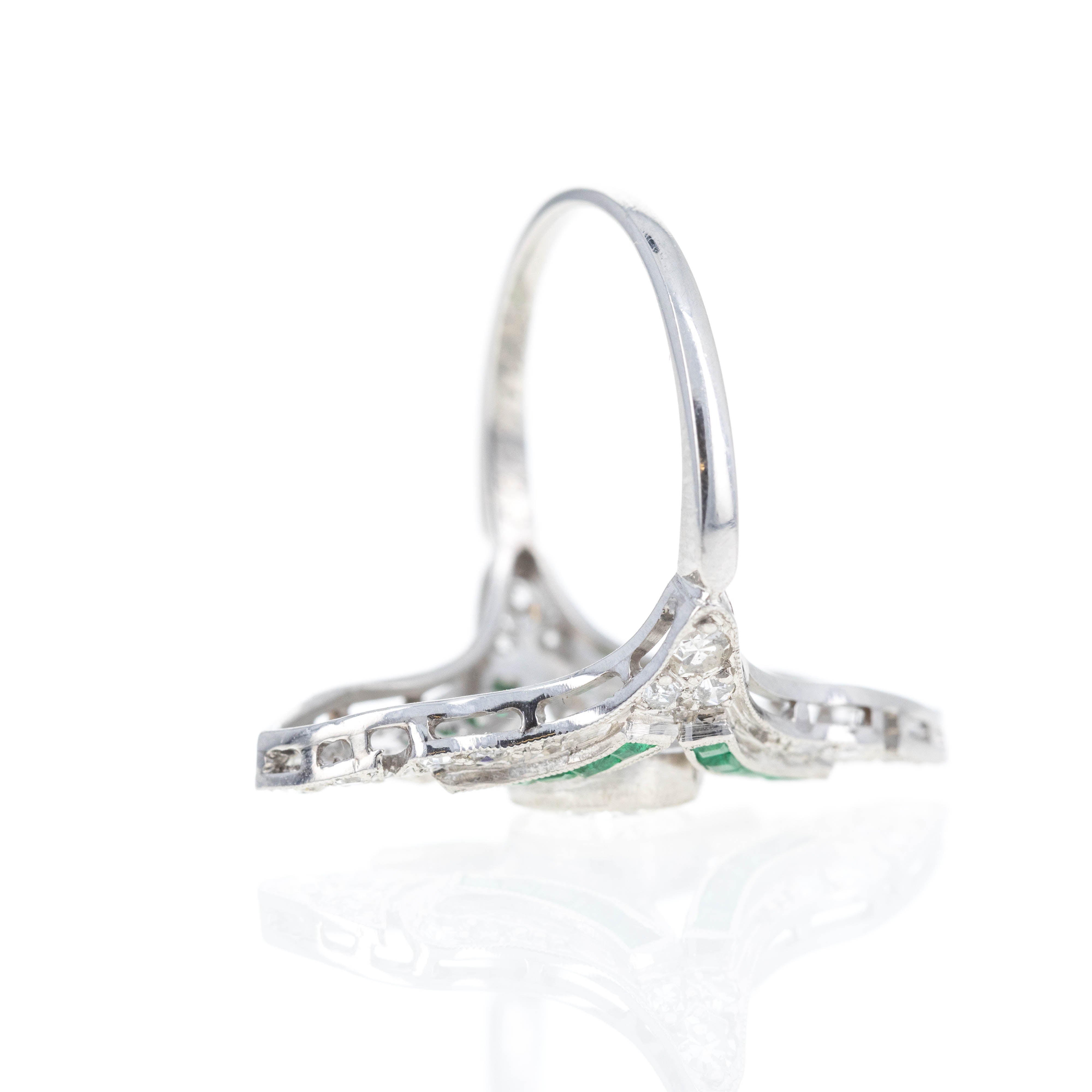 Art Deco Inspired Platinum 0.98 Carat Diamond Emerald Shield Ring - Queen May