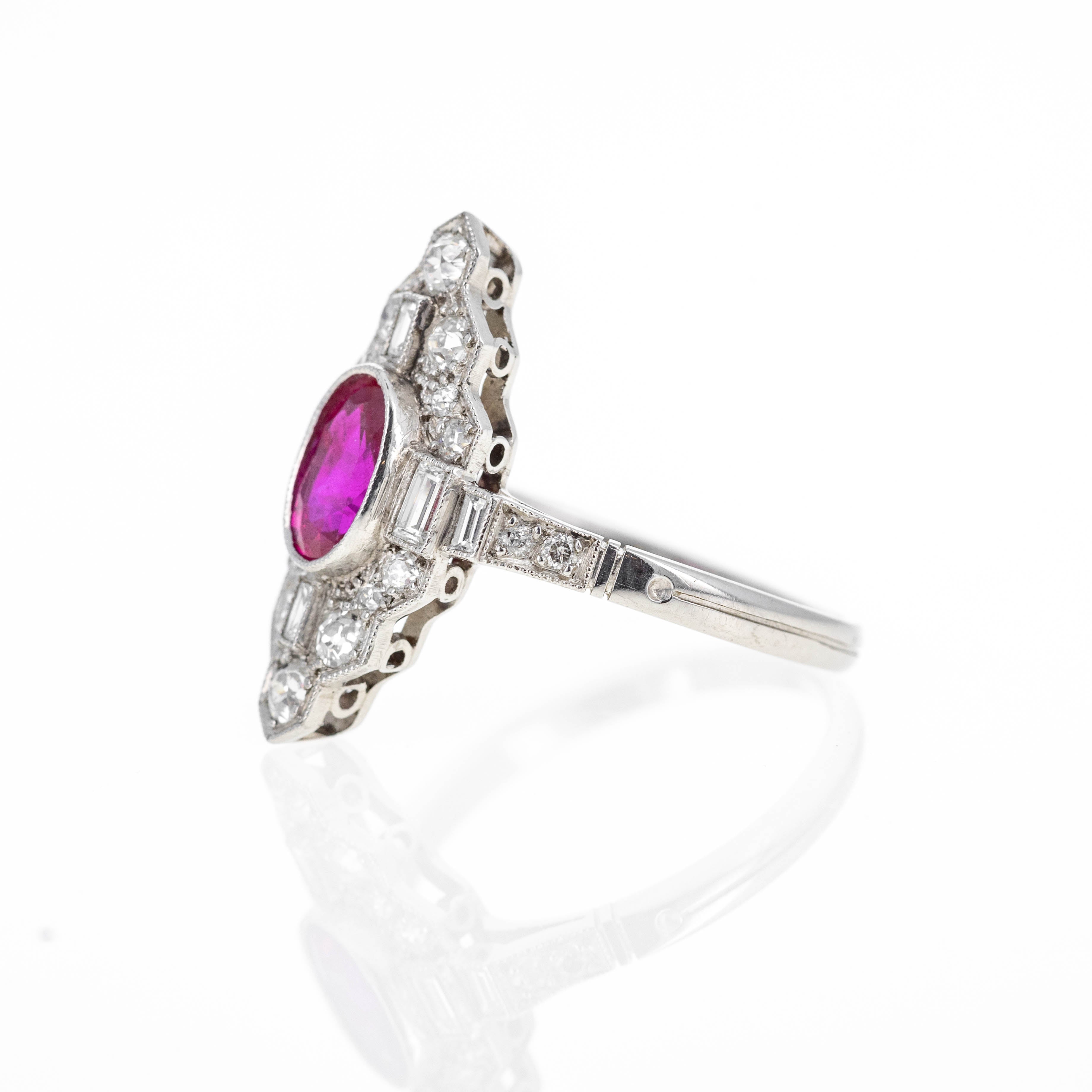 Art Deco Inspired Platinum 1.22 Carat Oval Ruby Diamond Ring - Queen May