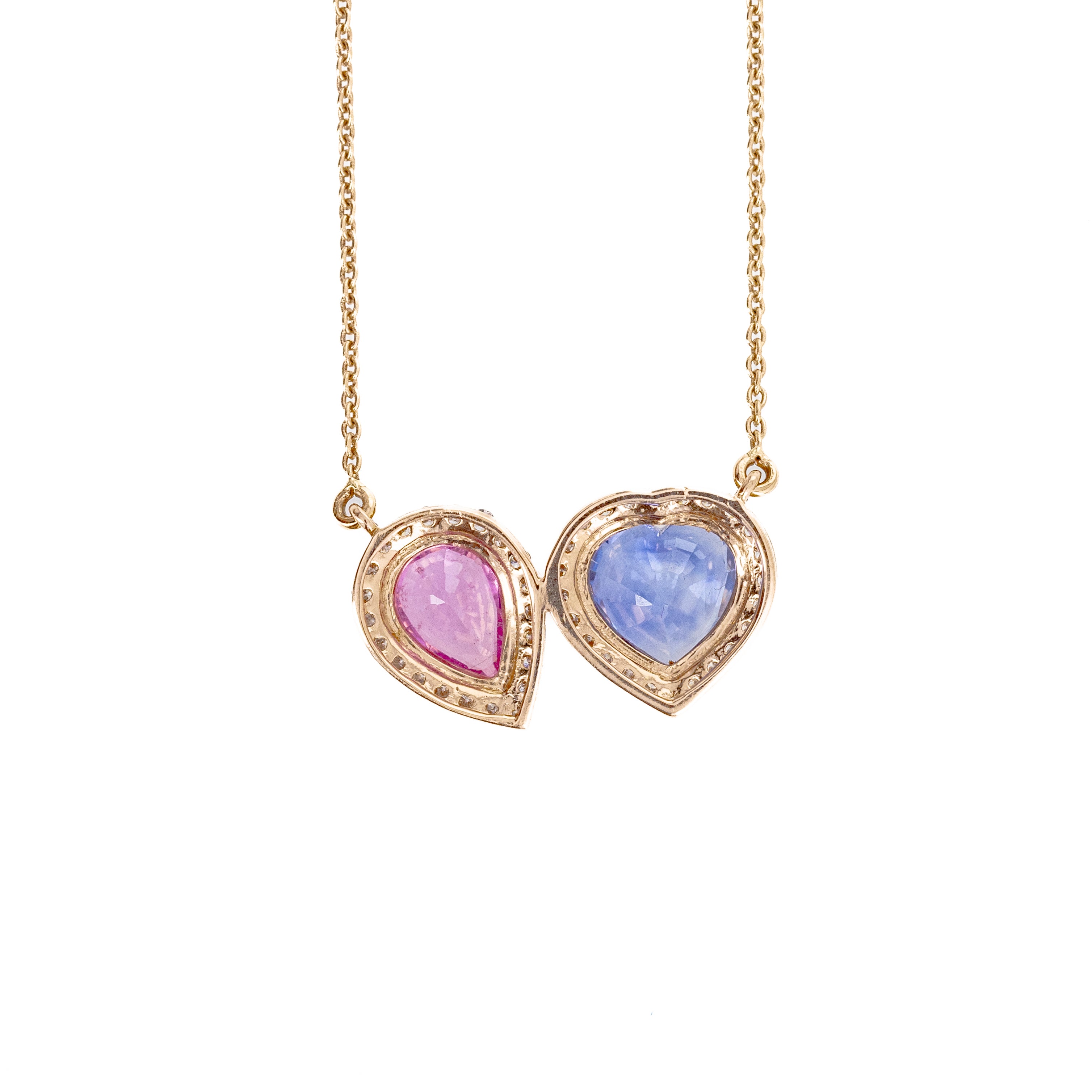 18K Rose Gold Blue Sapphire Pink Sapphire Heart Pear Two Stone Halo Necklace - Queen May