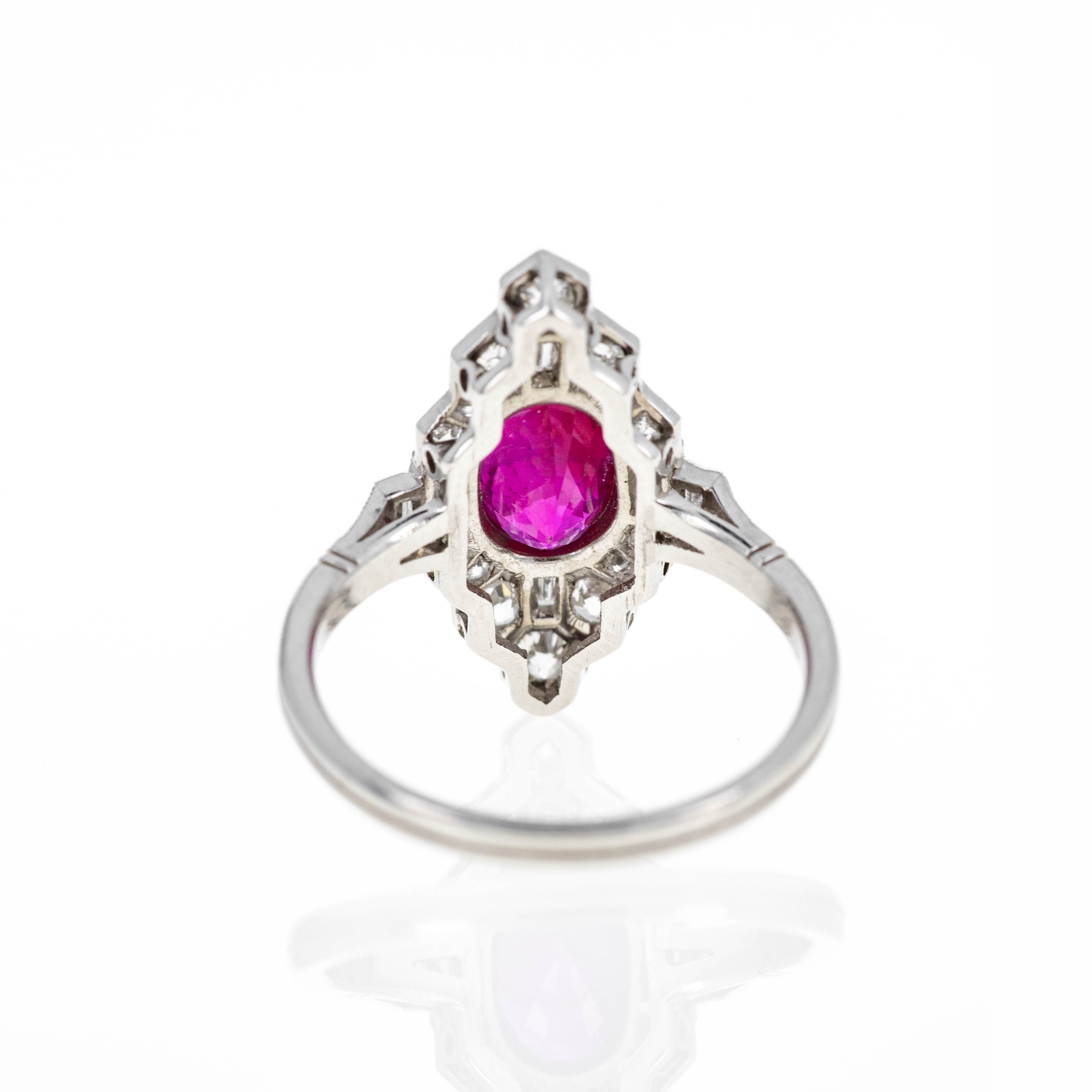 Art Deco Inspired Platinum 1.22 Carat Oval Ruby Diamond Ring - Queen May