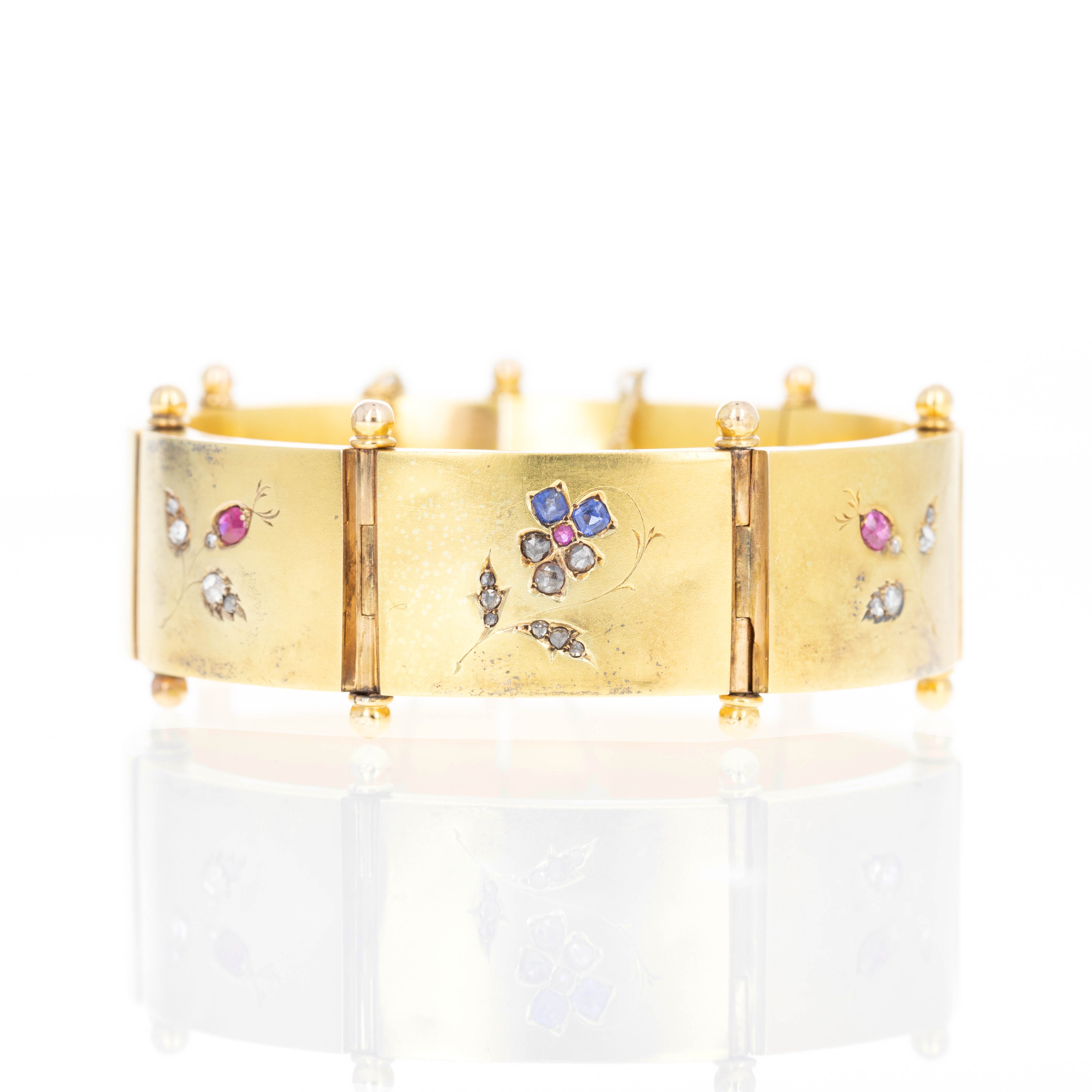 Victorian French 18K Yellow Gold Sapphire, Ruby, and Diamond Floral Bracelet - Queen May