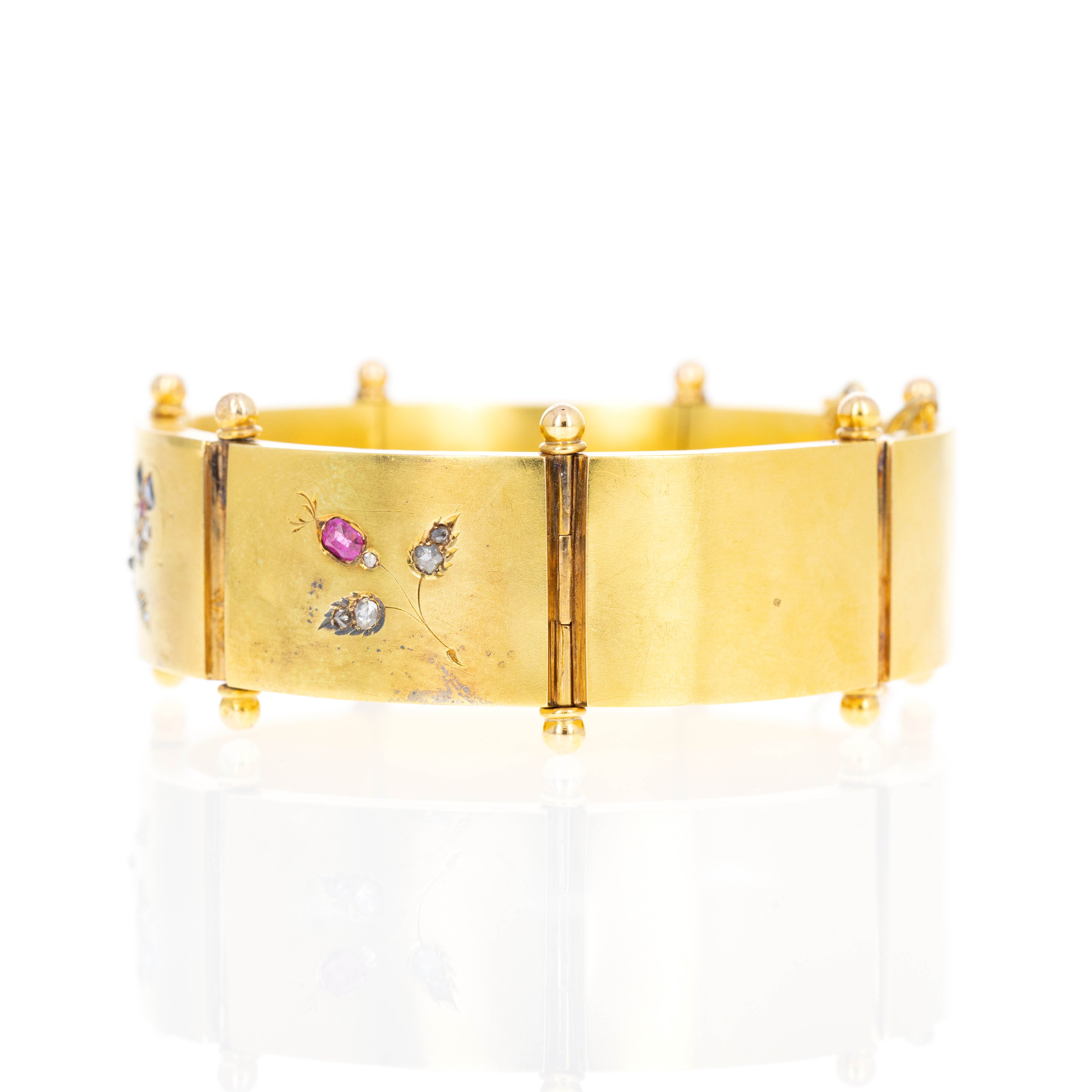 Victorian French 18K Yellow Gold Sapphire, Ruby, and Diamond Floral Bracelet - Queen May