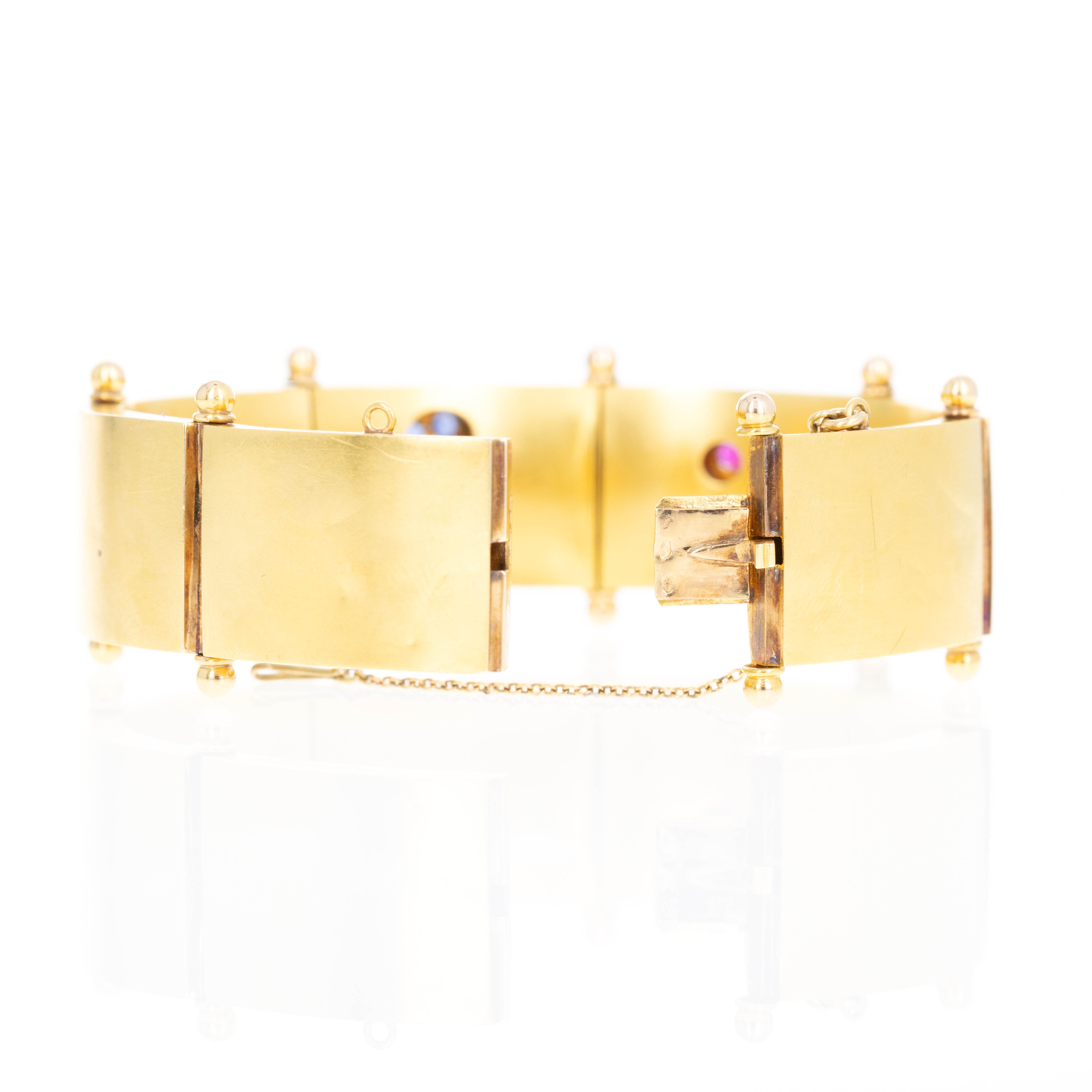 Victorian French 18K Yellow Gold Sapphire, Ruby, and Diamond Floral Bracelet - Queen May