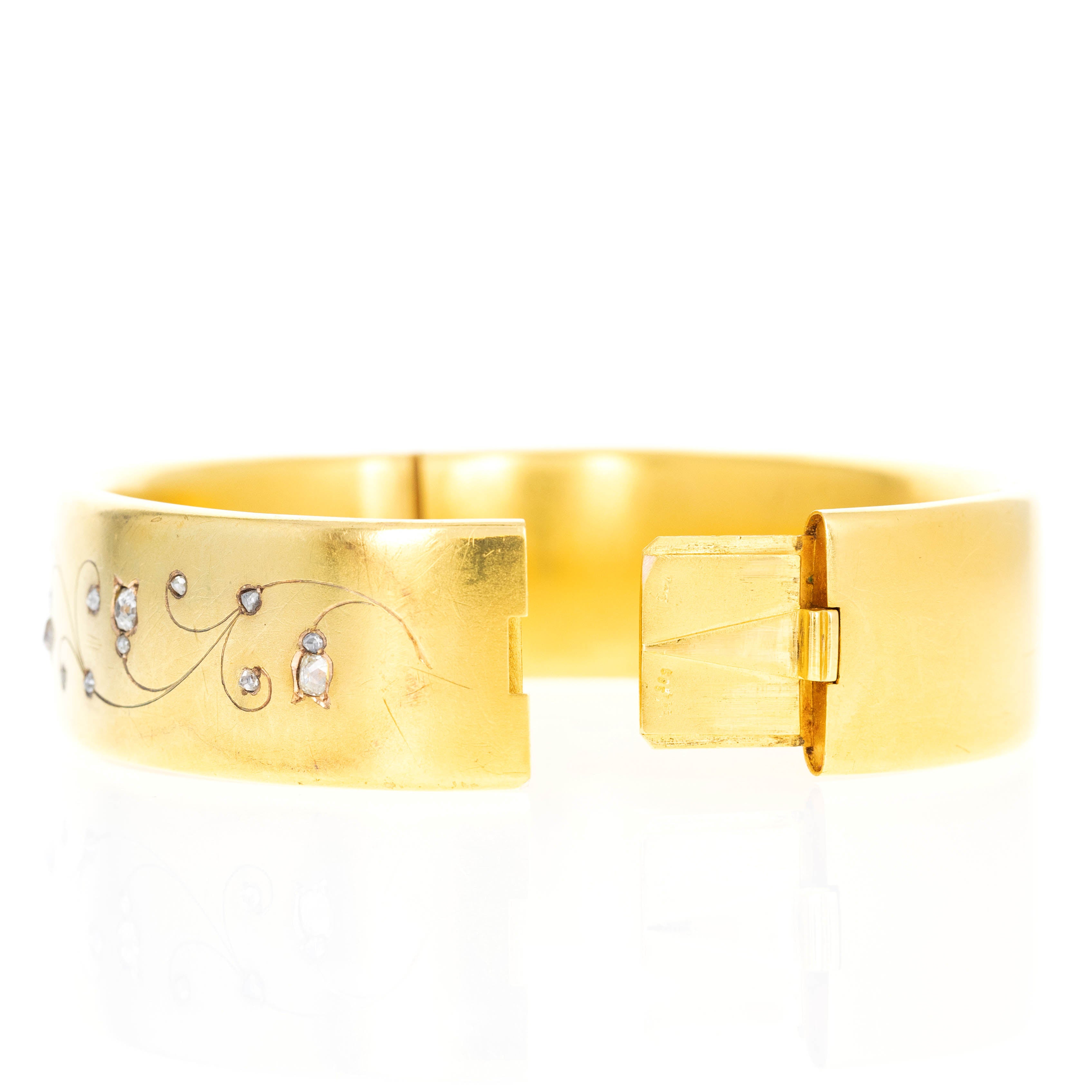 Victorian 18K Yellow Gold 0.75 Carat Rose Cut Diamond Brushed Bangle - Queen May