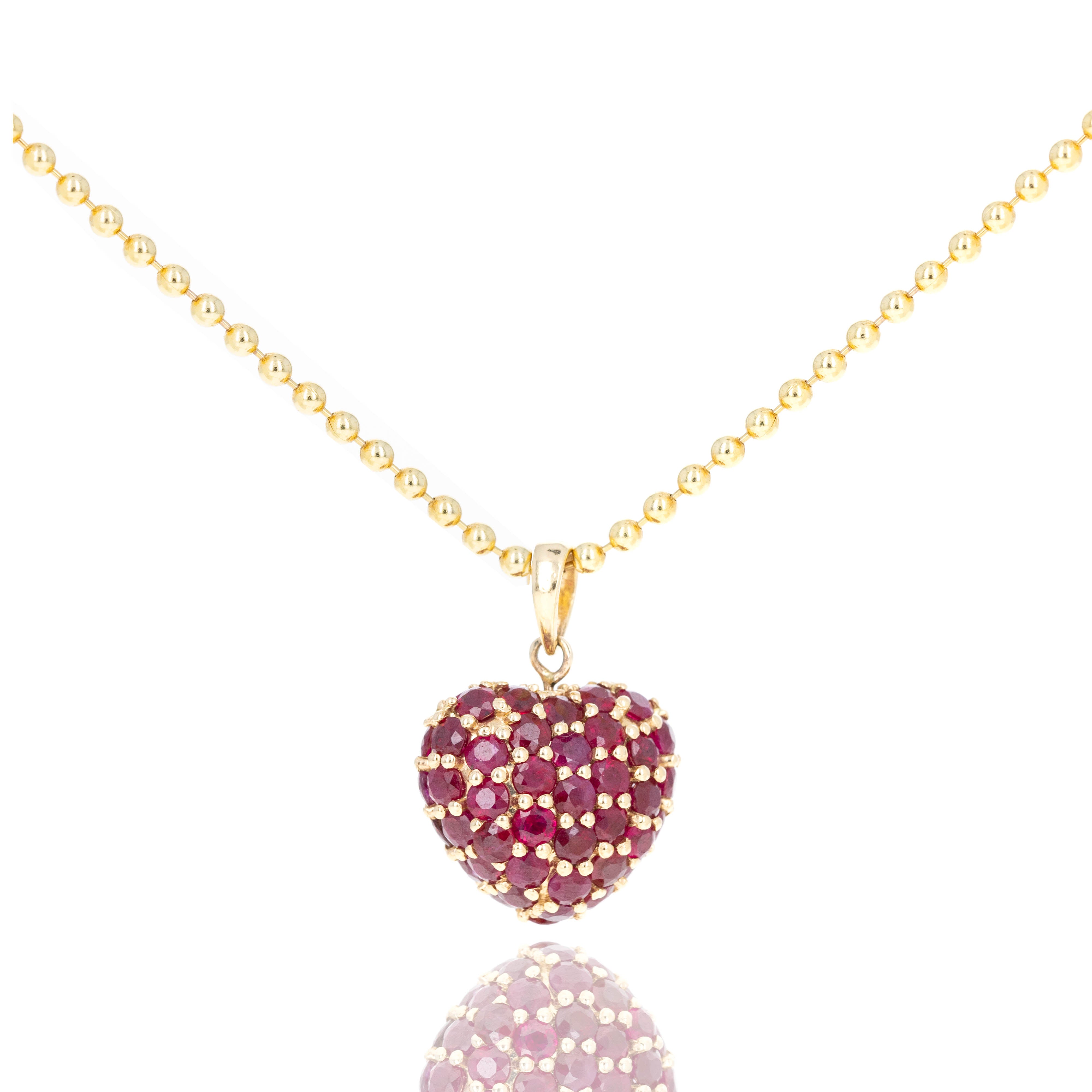 14K Yellow Gold Ruby Pave Heart Pendant Necklace - Queen May