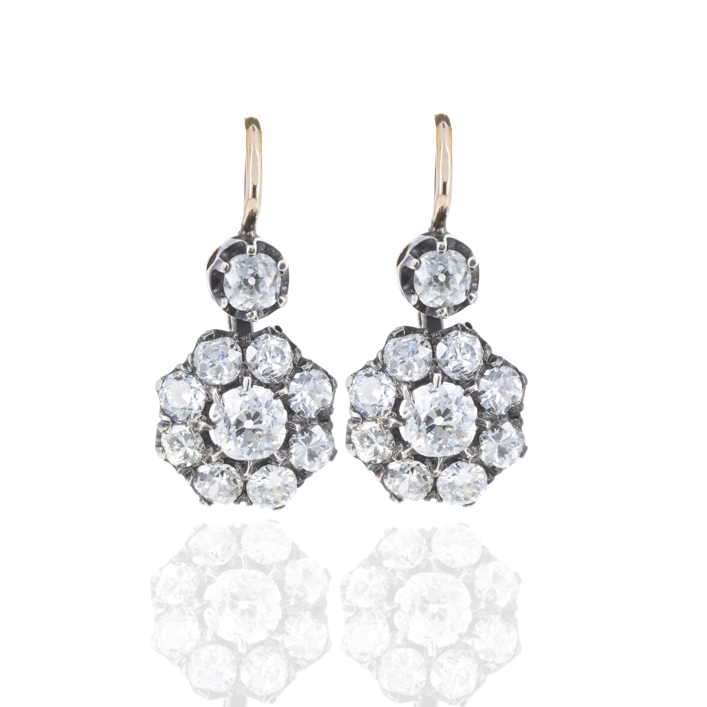 18K Yellow Gold & Sterling Silver 2.70 Carat Old European Diamond Floral Earrings - Queen May