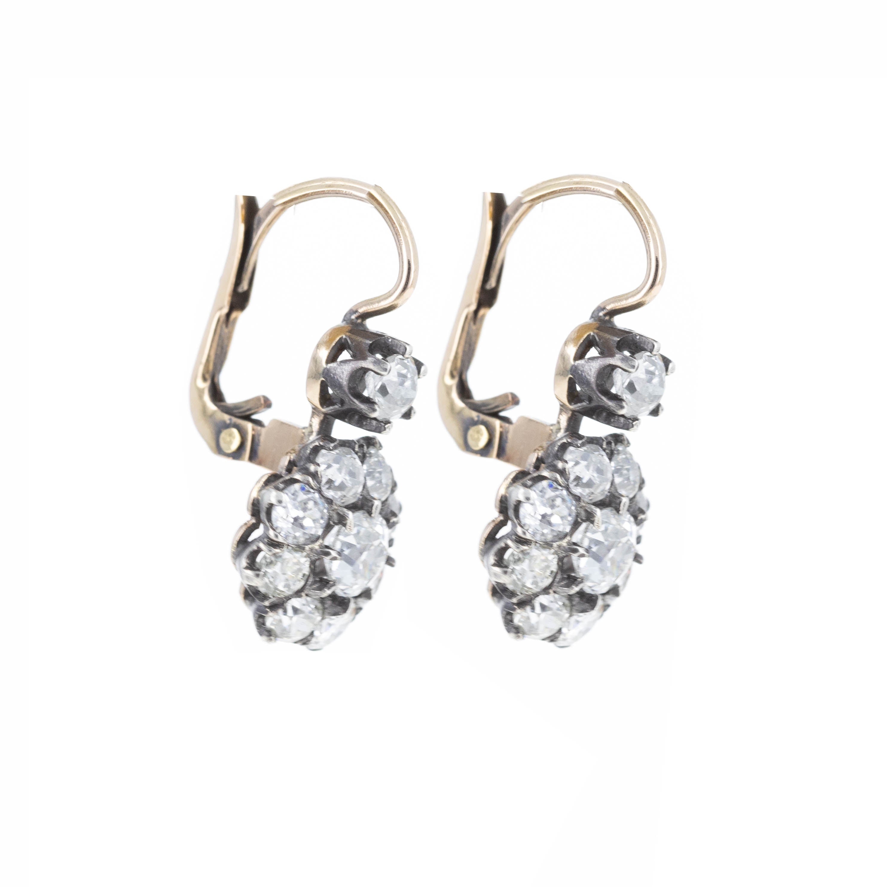 18K Yellow Gold & Sterling Silver 2.70 Carat Old European Diamond Floral Earrings - Queen May