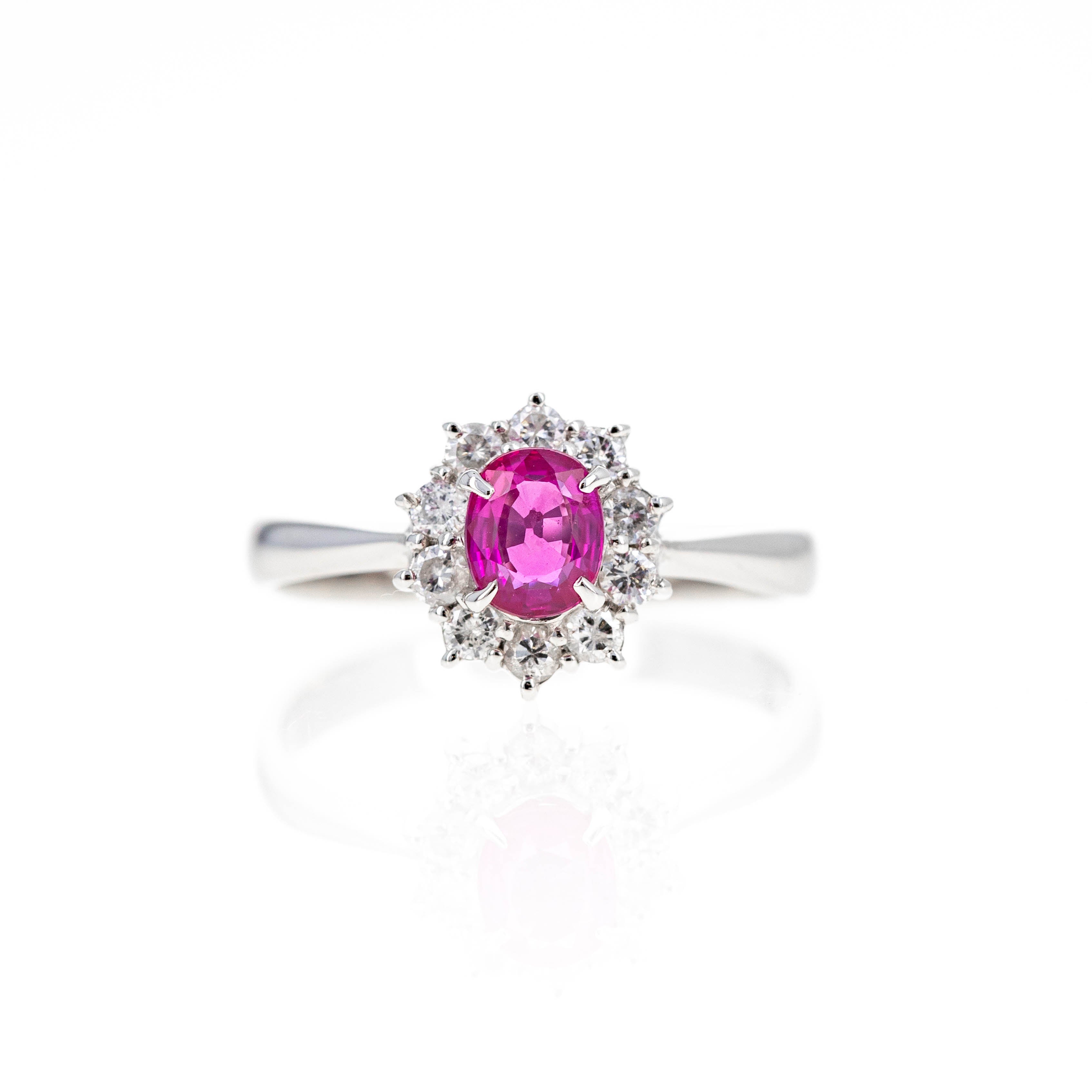 Platinum 0.61 Carat Ruby Diamond Floral Halo Ring - Queen May