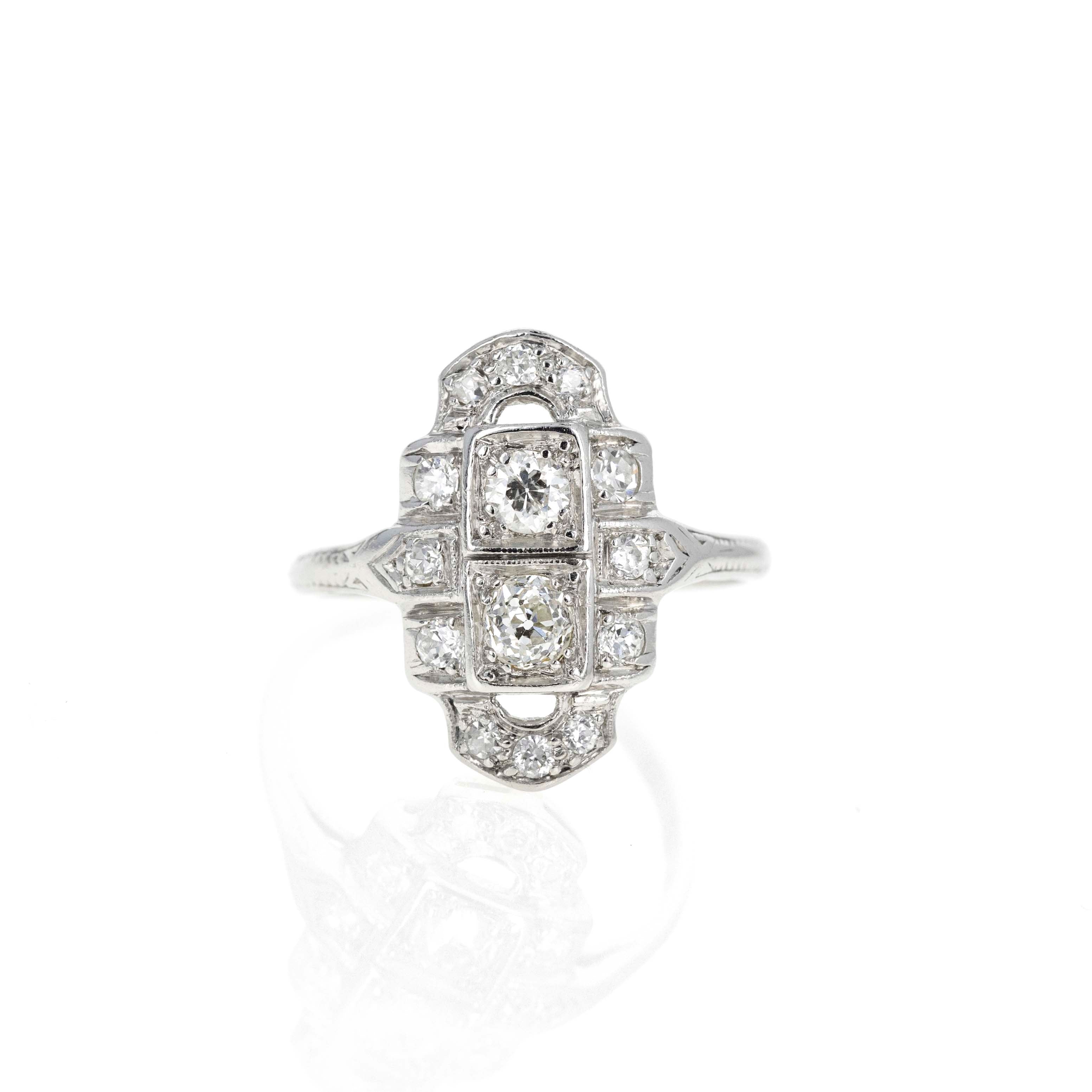 Art Deco Platinum 0.50 Carat Old European Diamond Shield Ring - Queen May