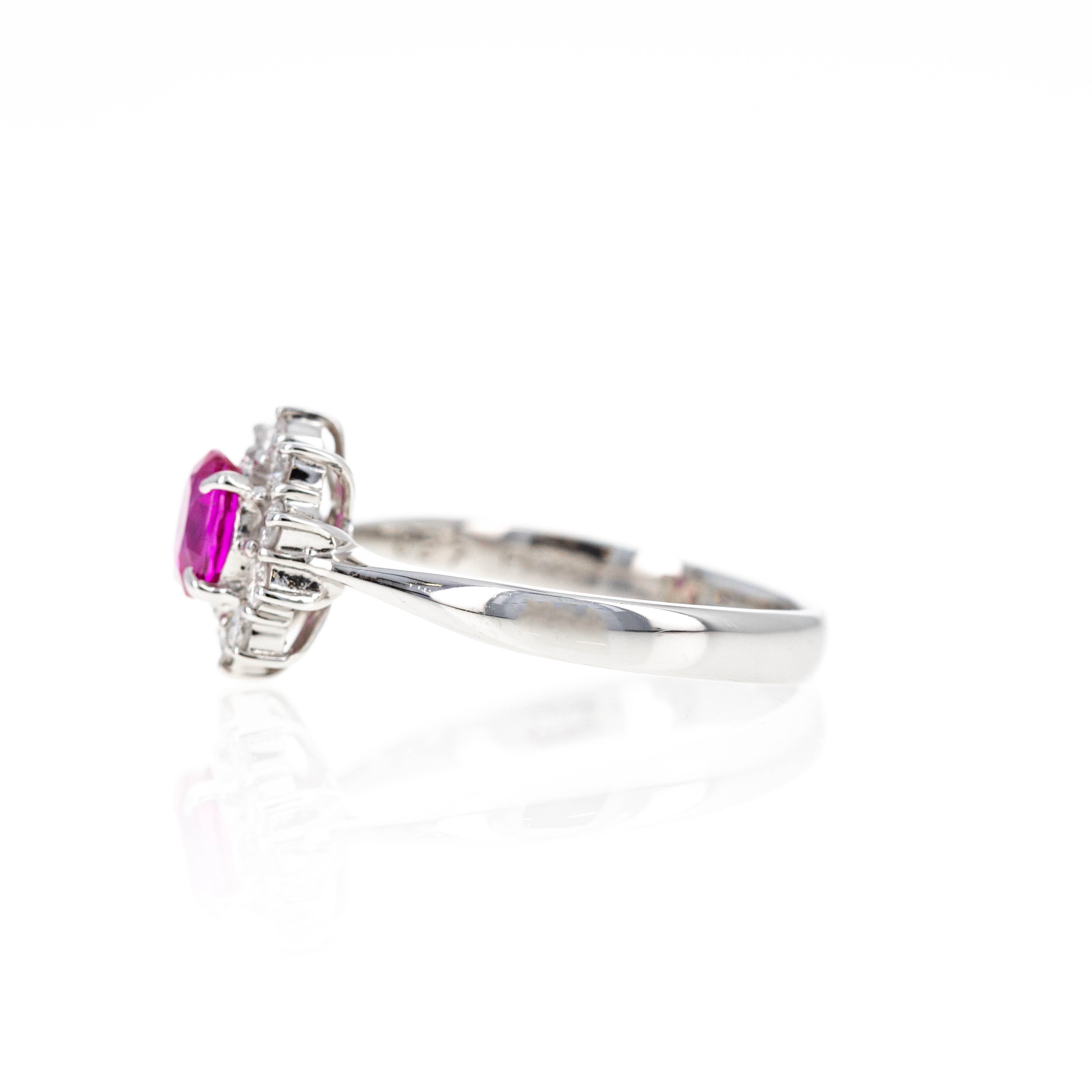 Platinum 0.61 Carat Ruby Diamond Floral Halo Ring - Queen May