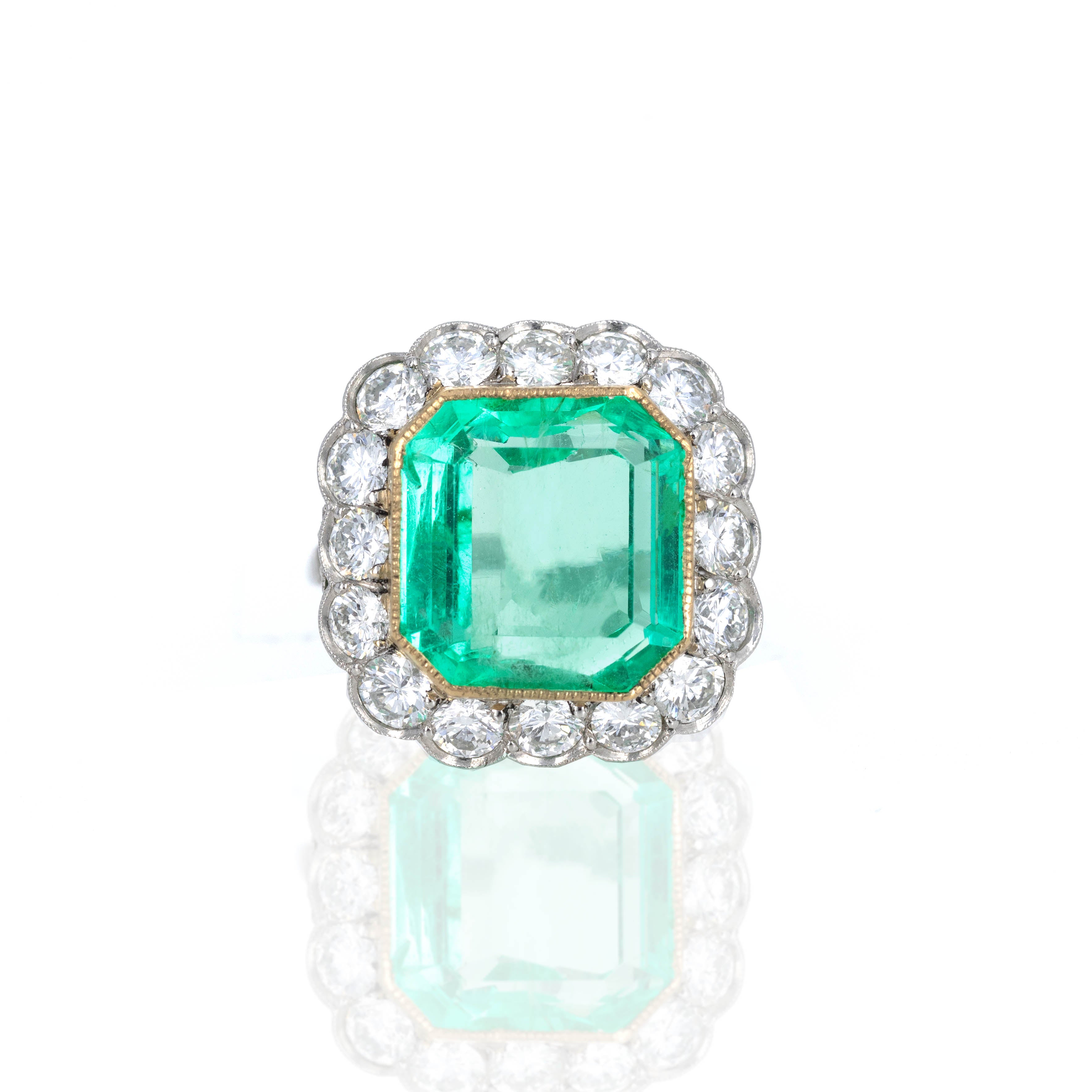 Art Deco Inspired 9.36 Carat Natural Colombian Emerald & Diamond Halo Ring - Queen May