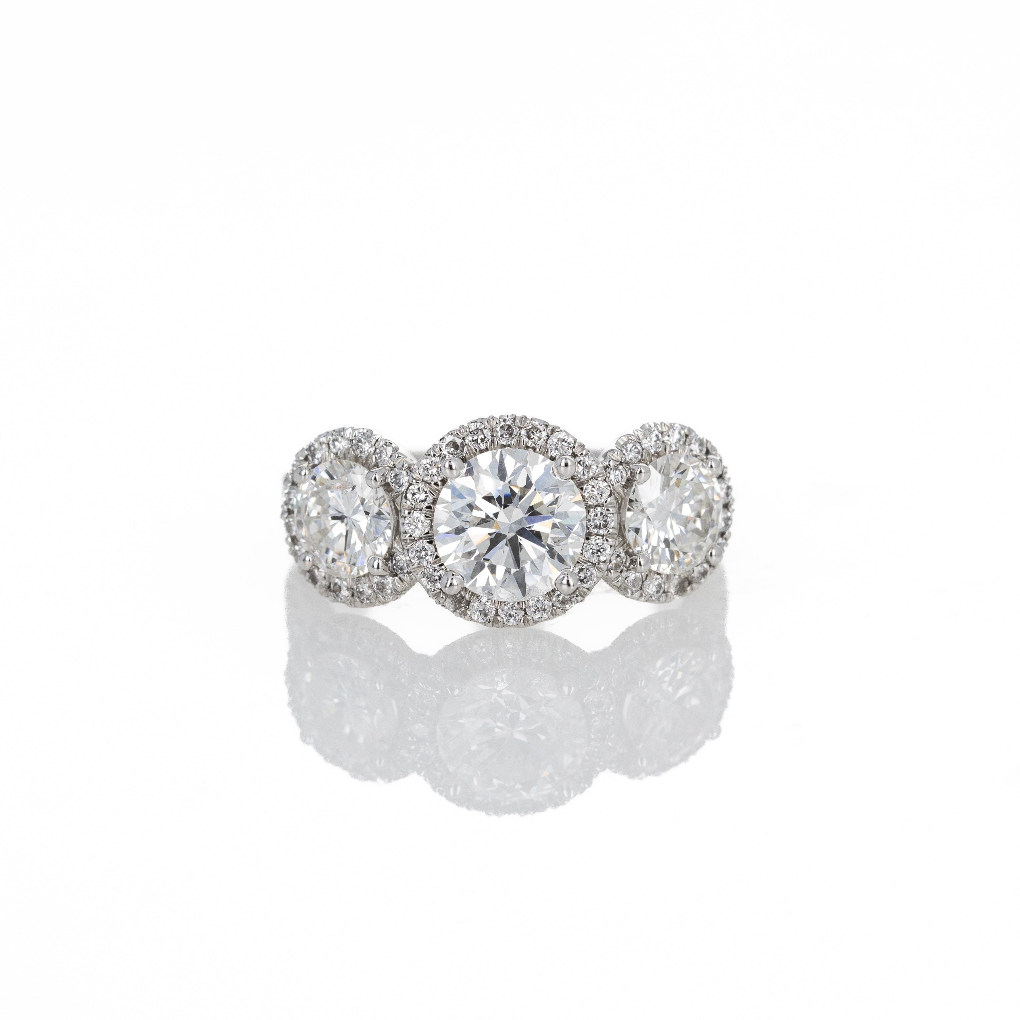 1.37 Carat Round Brilliant Diamond Three Stone Halo Ring - Queen May
