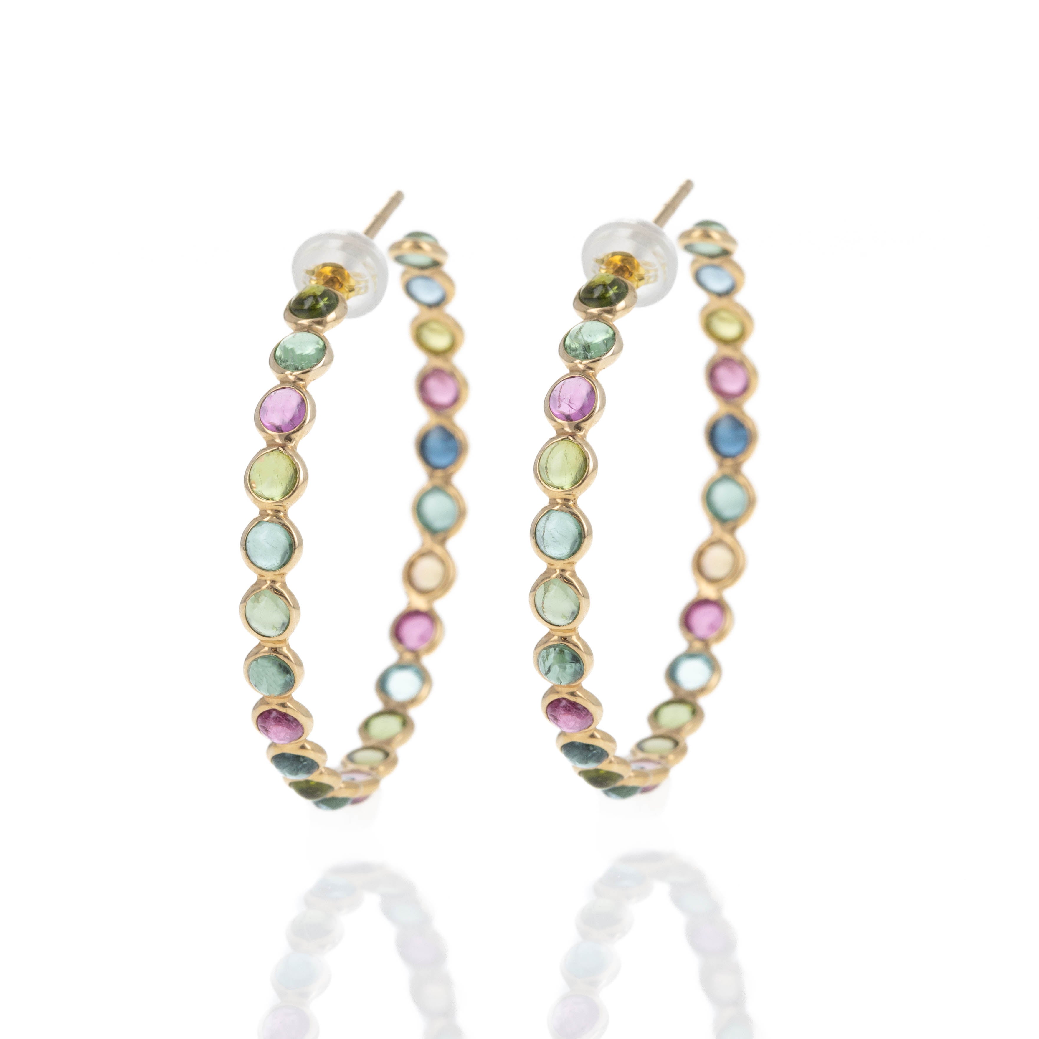 14K Yellow Gold 5.5 Carat Cabochon Tourmaline Bezel Hoop Earrings - Queen May
