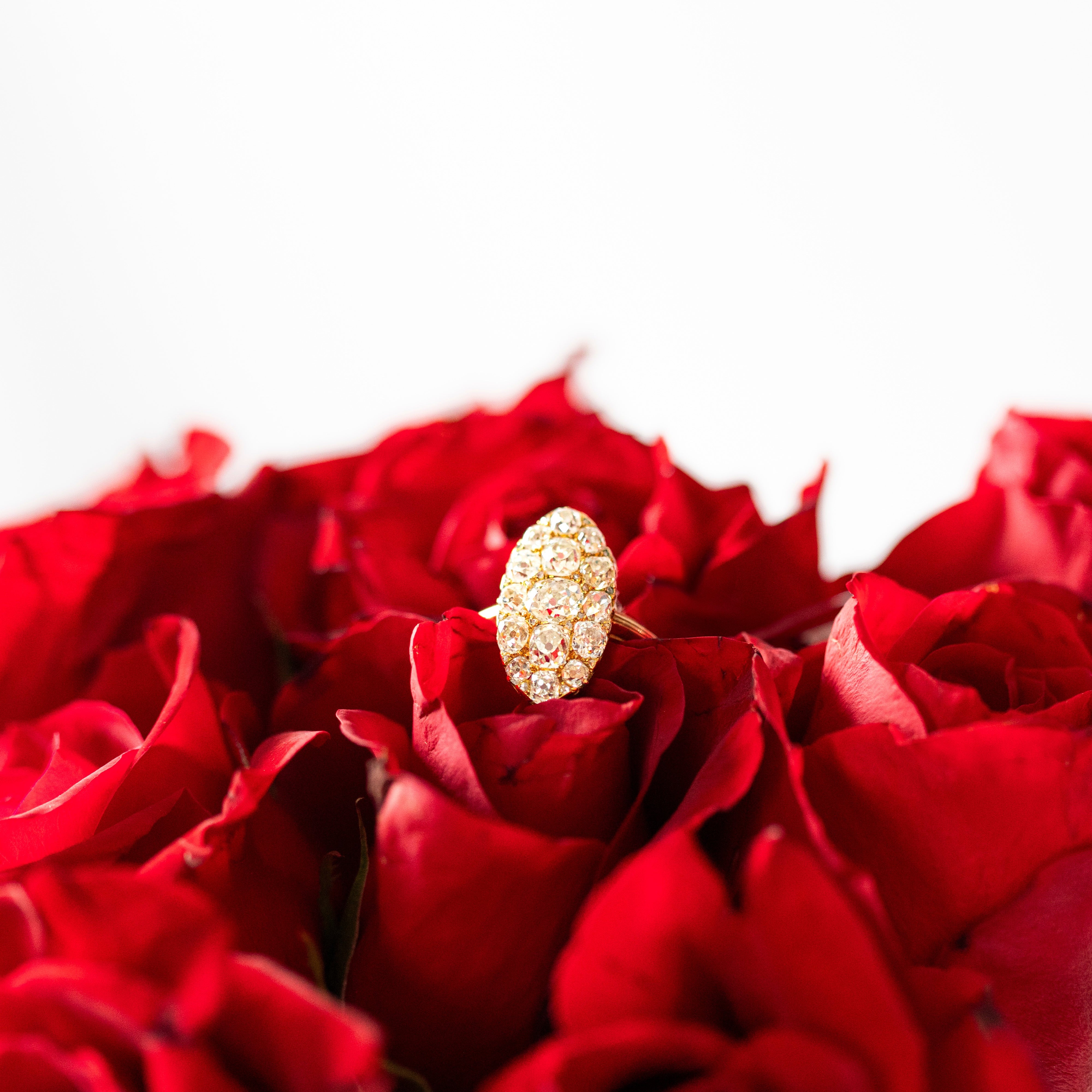 Victorian 18K Yellow Gold 3.55 Carat Old Mine Cut Diamond Navette Ring - Queen May