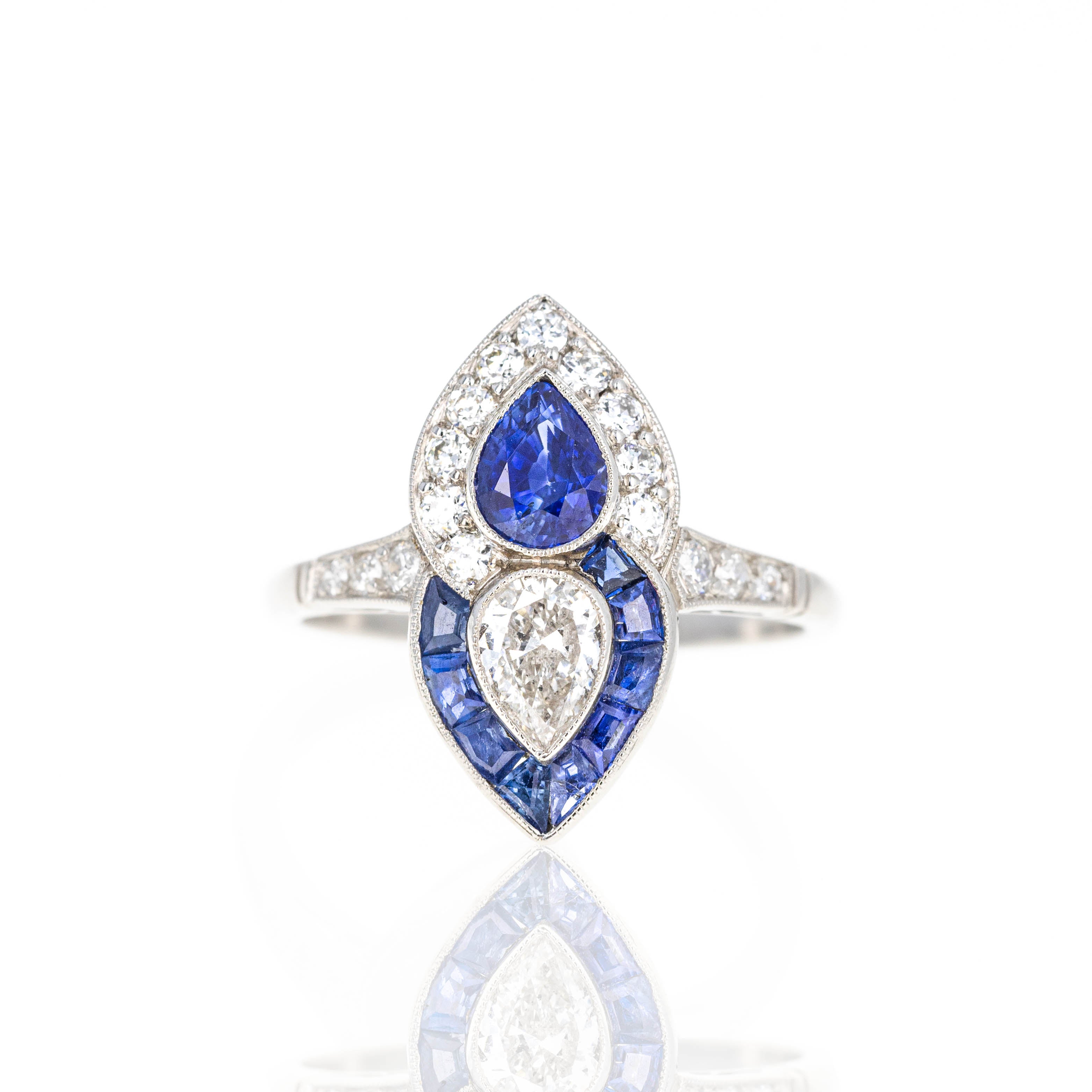 Art Deco Platinum Pear Sapphire Diamond Two Stone Ring - Queen May