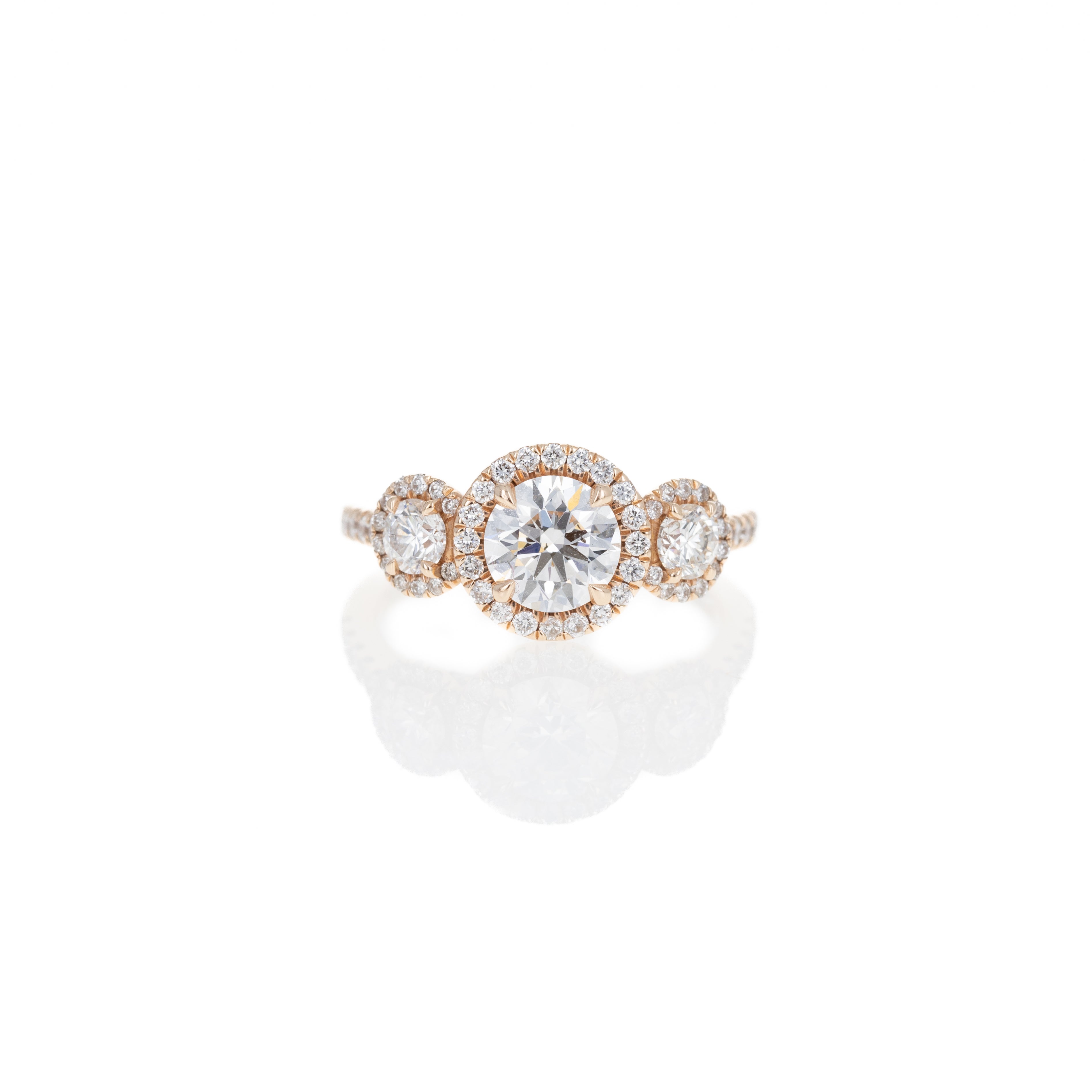 14K Rose Gold 1.05 Carat Round Brilliant Diamond Three Stone Halo Engagement Ring - Queen May