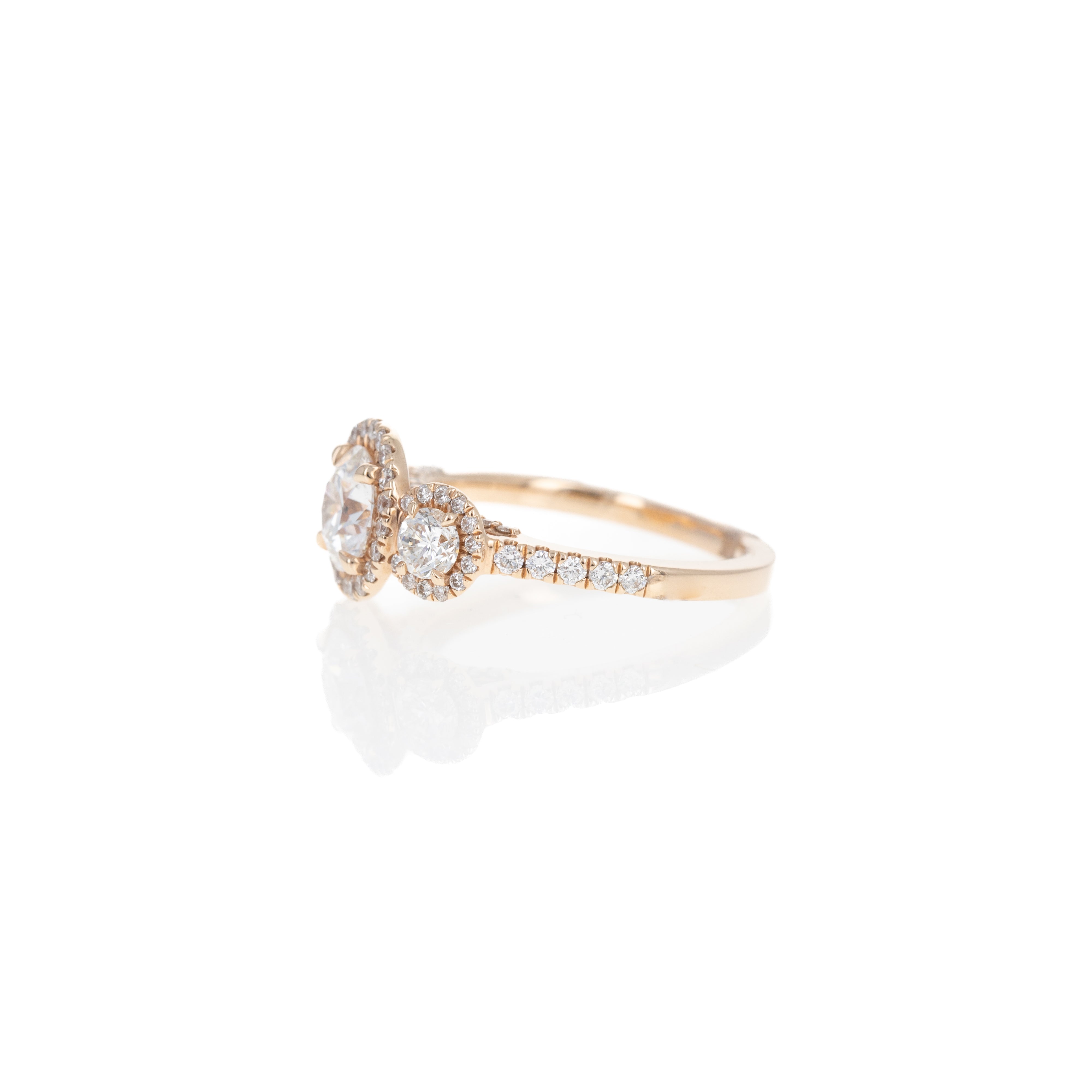 14K Rose Gold 1.05 Carat Round Brilliant Diamond Three Stone Halo Engagement Ring - Queen May