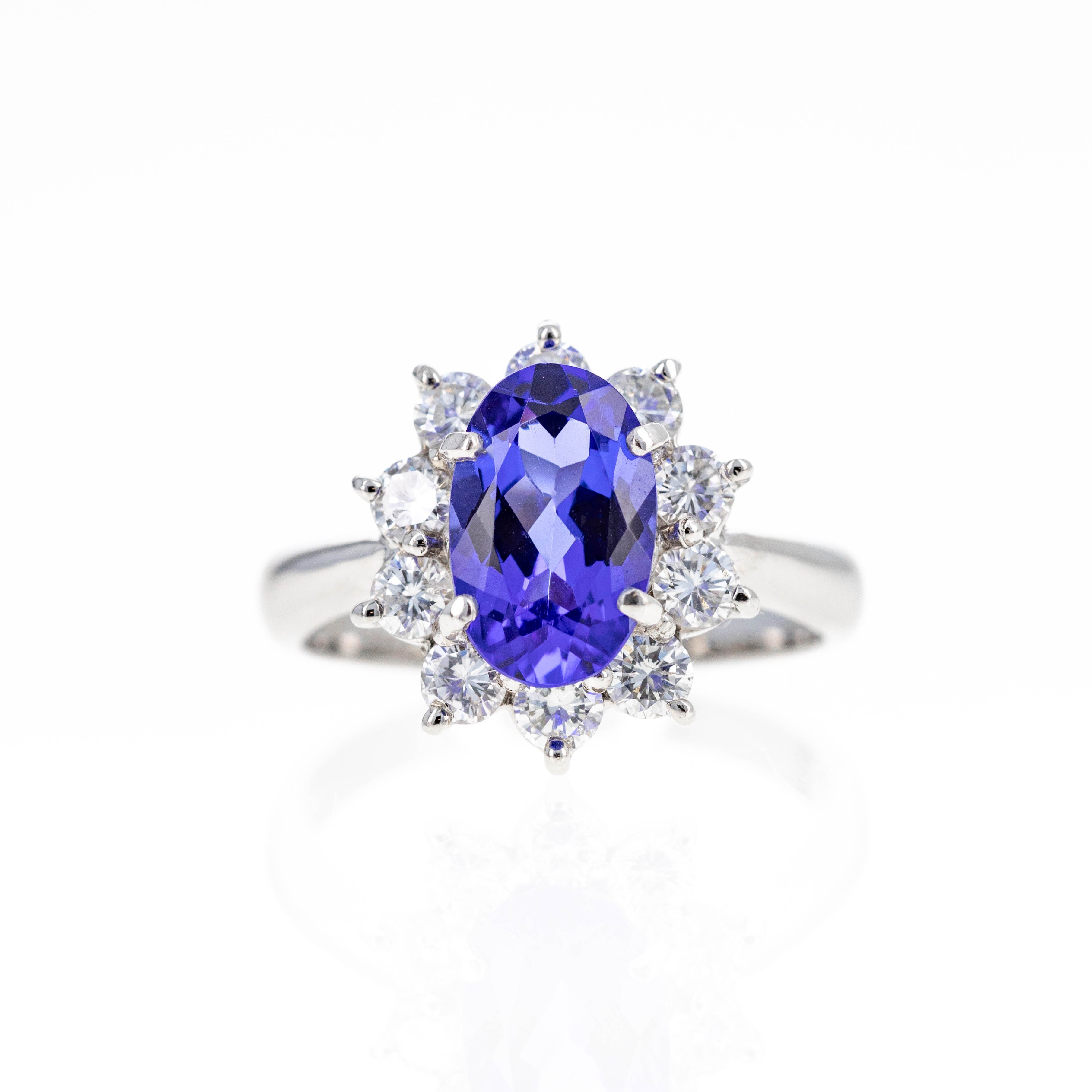 Platinum 2.12 Carat Tanzanite Diamond Floral Halo Ring - Queen May