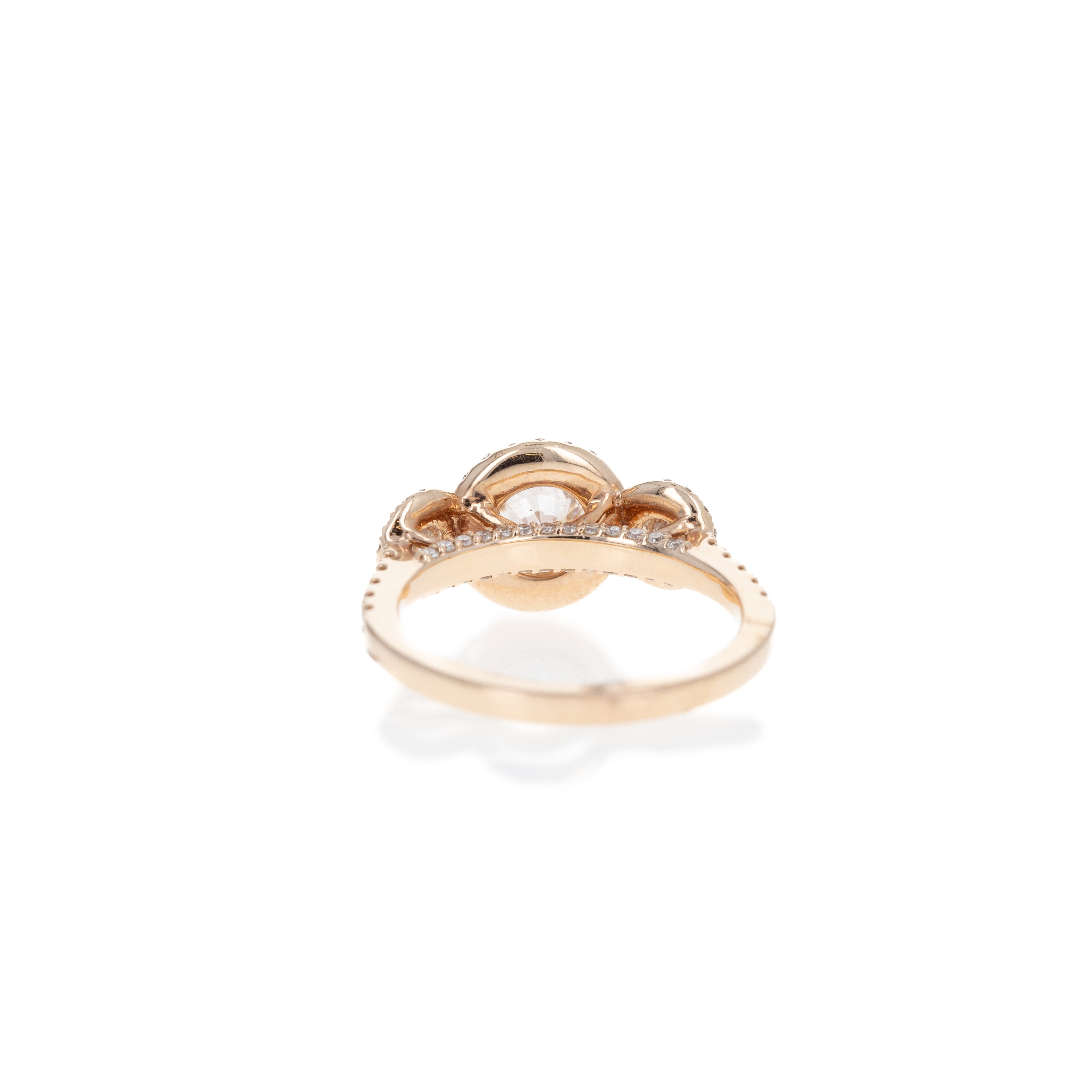 14K Rose Gold 1.05 Carat Round Brilliant Diamond Three Stone Halo Engagement Ring - Queen May