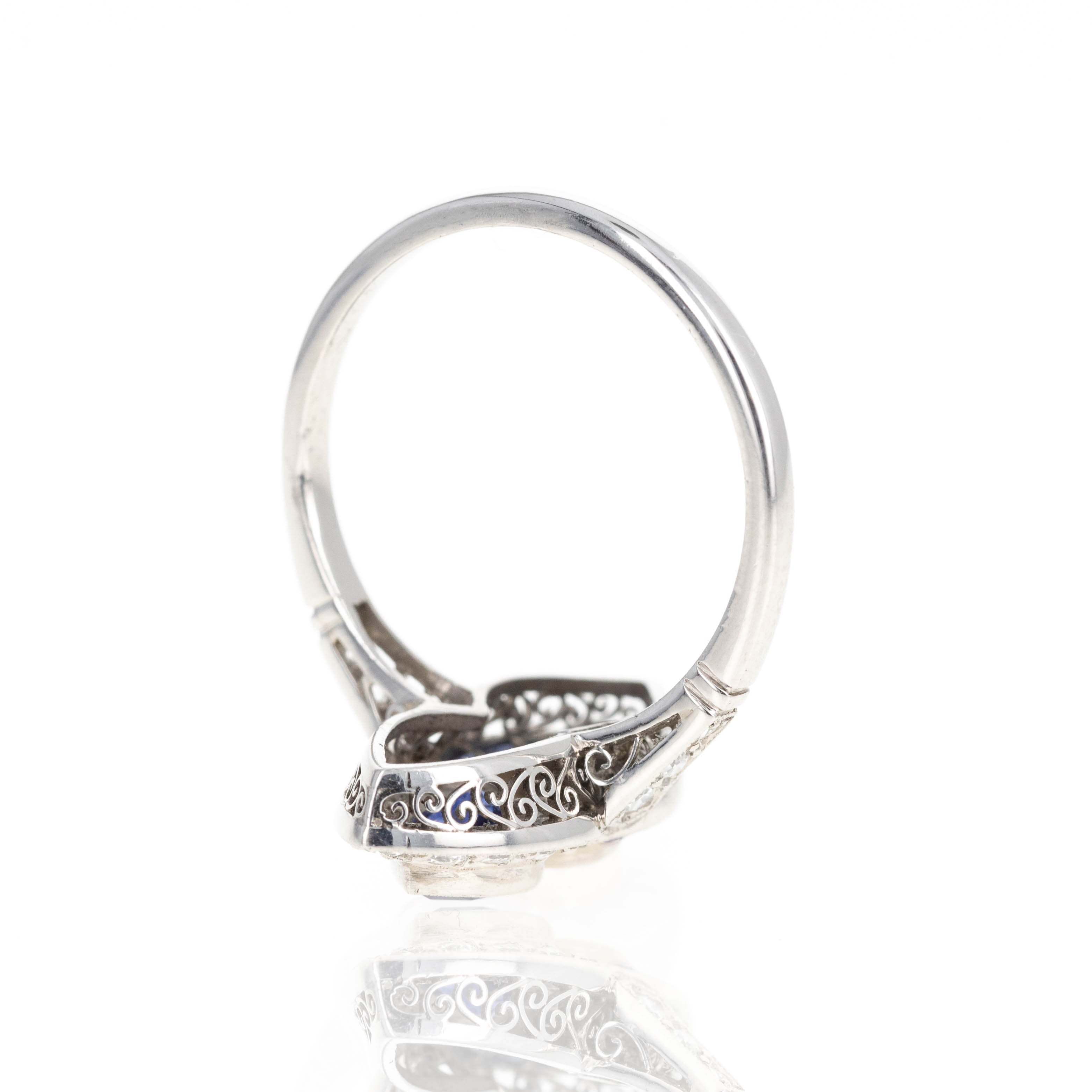 Art Deco Platinum Pear Sapphire Diamond Two Stone Ring - Queen May