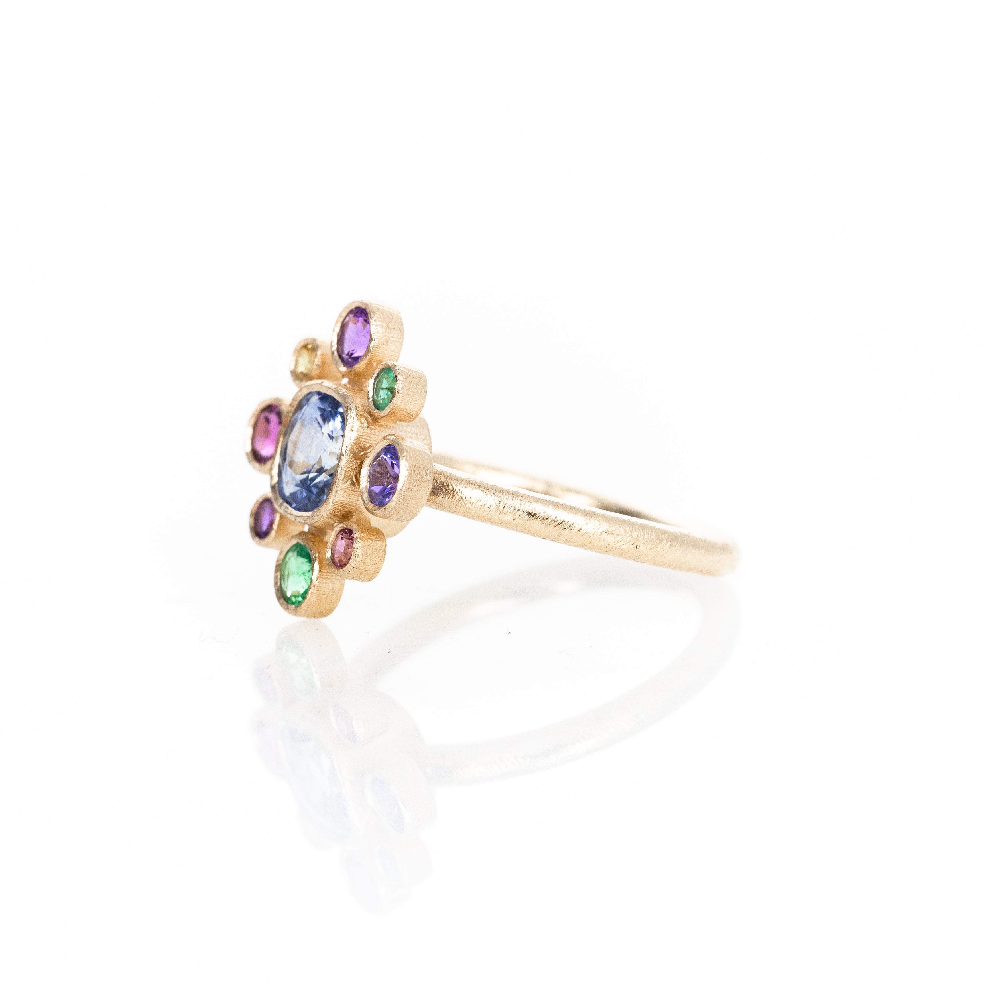 14K Yellow Gold Sapphire and Multicolor Gemstone Floral Cluster Bezel Ring - Queen May