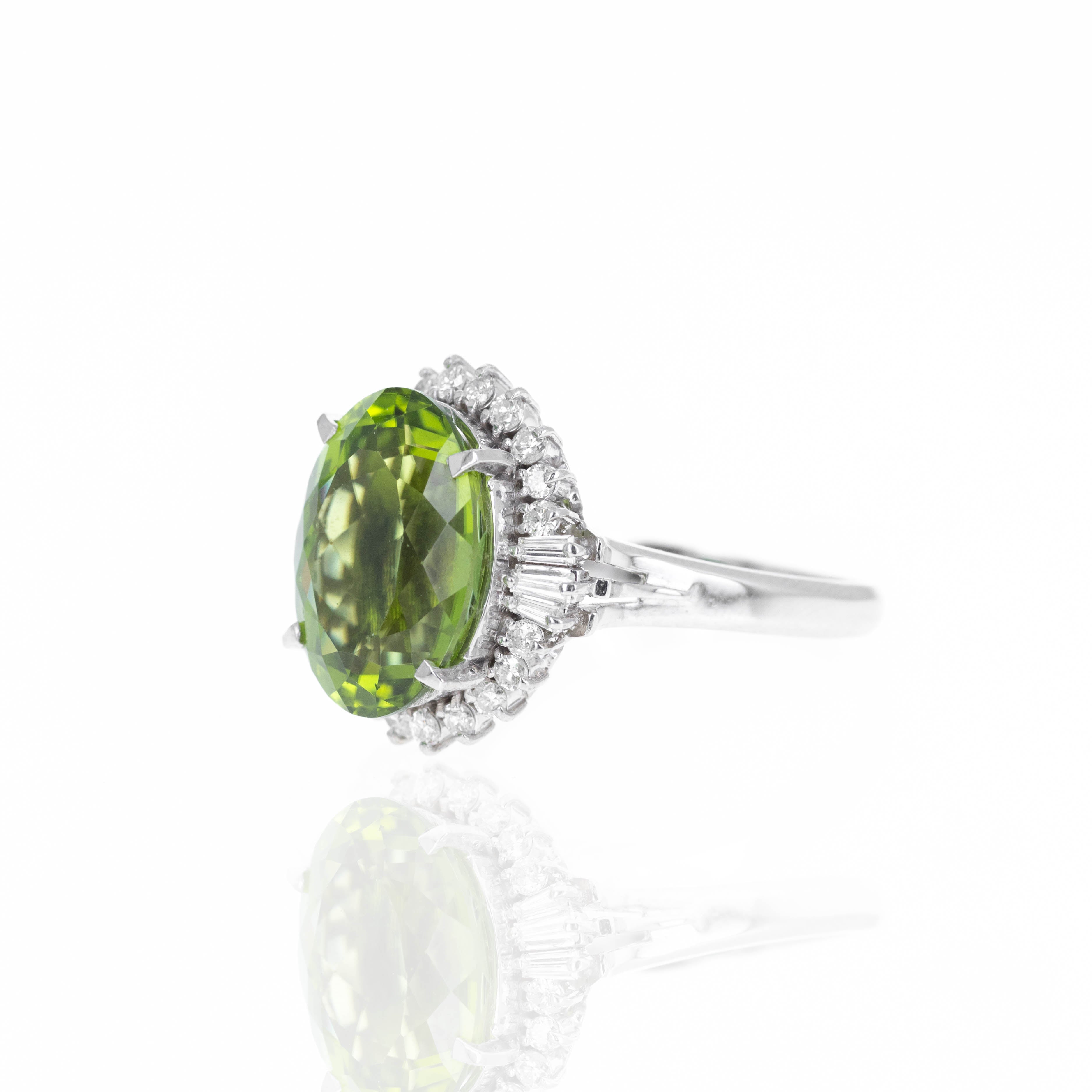 Platinum 7.78 Carat Peridot Diamond Halo Ring - Queen May