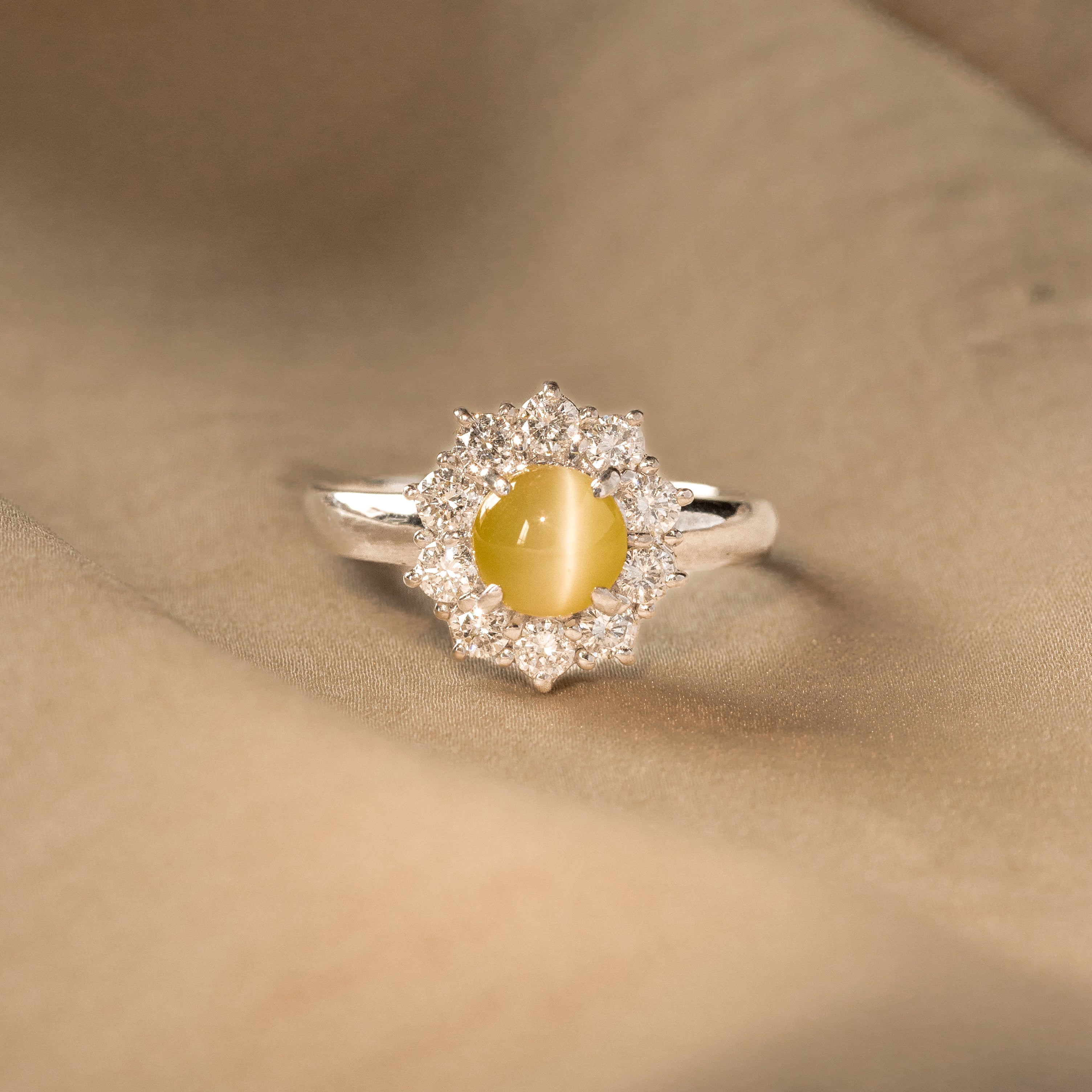 1.25 Carat Cat's Eye Chrysoberyl Diamond Halo Ring - Queen May