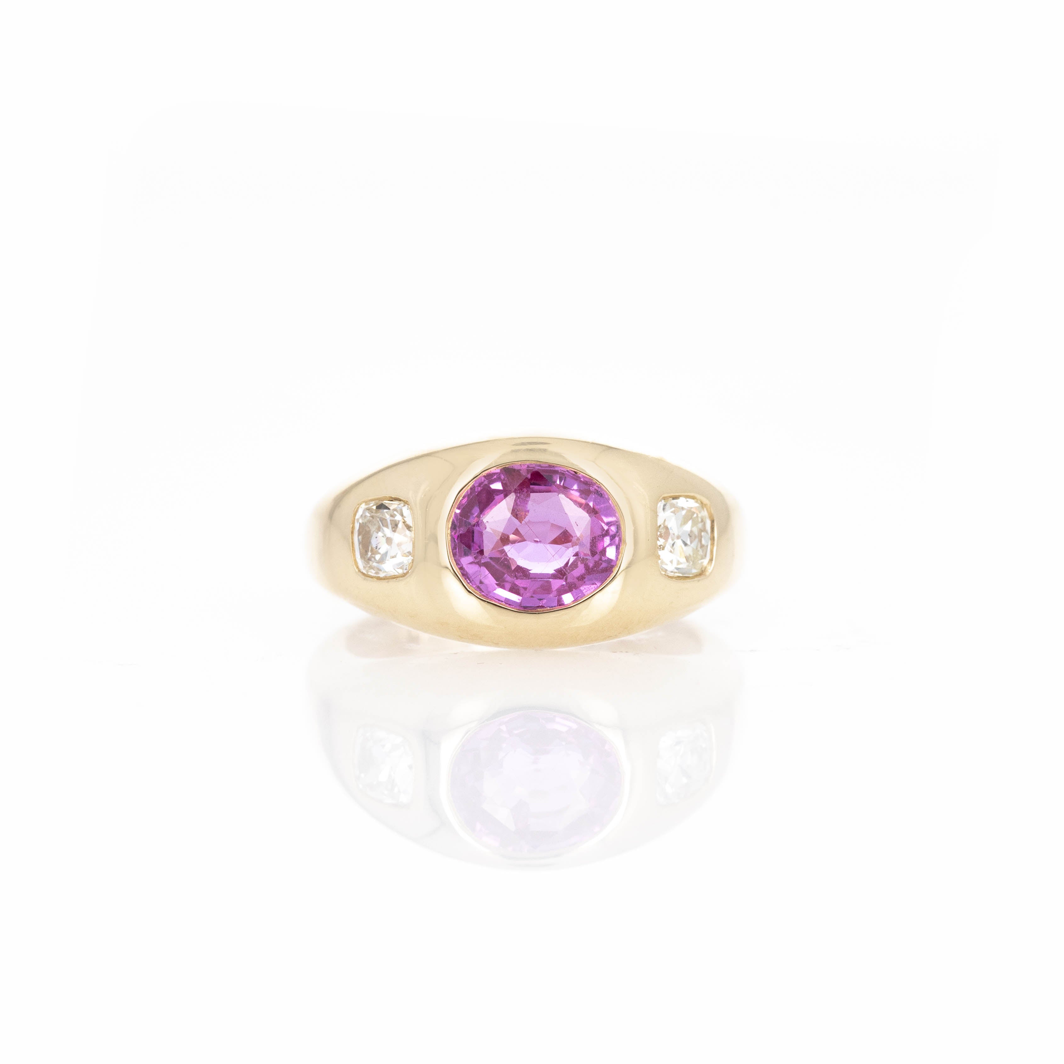 18K Yellow Gold 2.02 Carat Pink Sapphire Old Mine Diamond Gypsy Ring - Queen May
