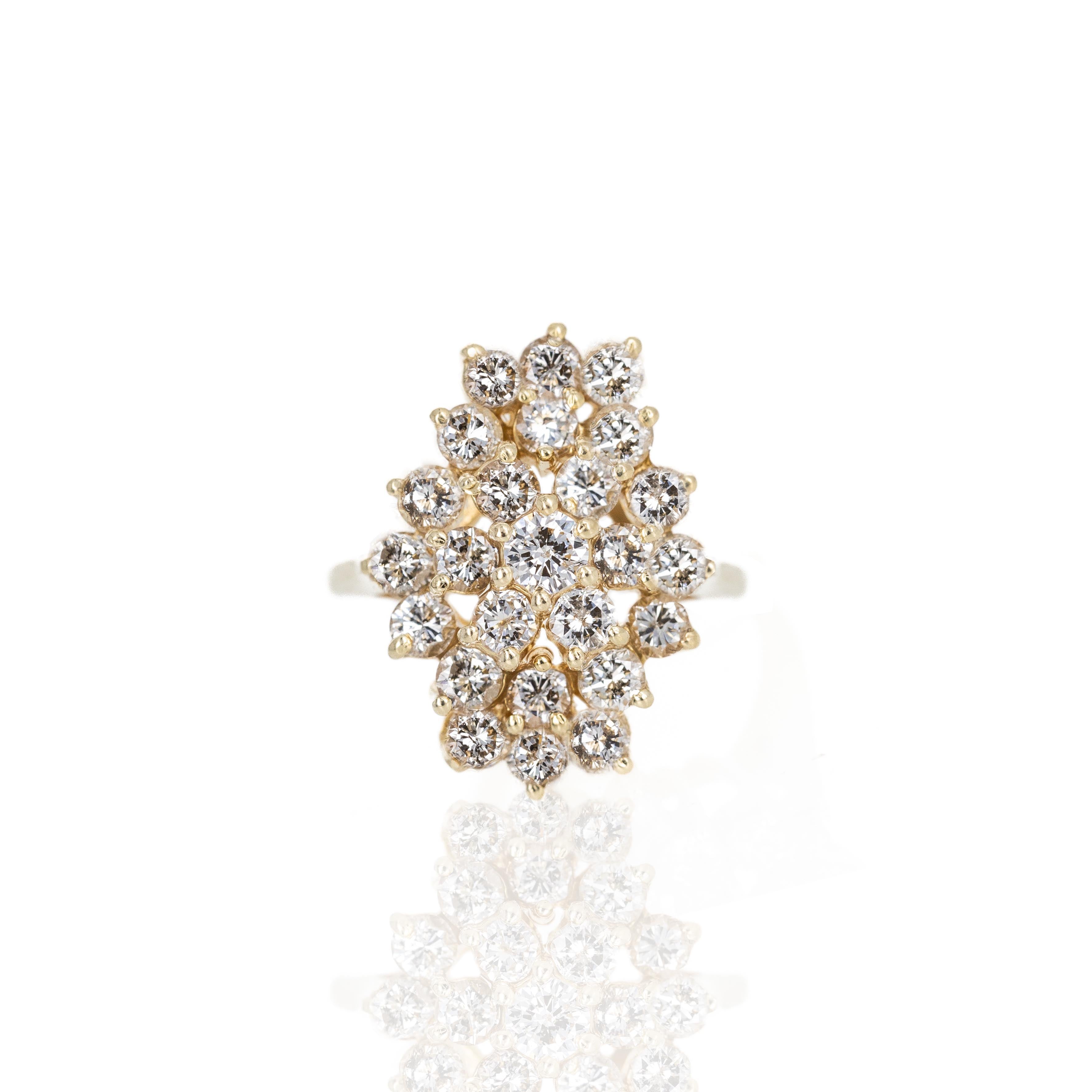 Retro 14K Yellow Gold 1.83 Carat Diamond Waterfall Cluster Ring - Queen May
