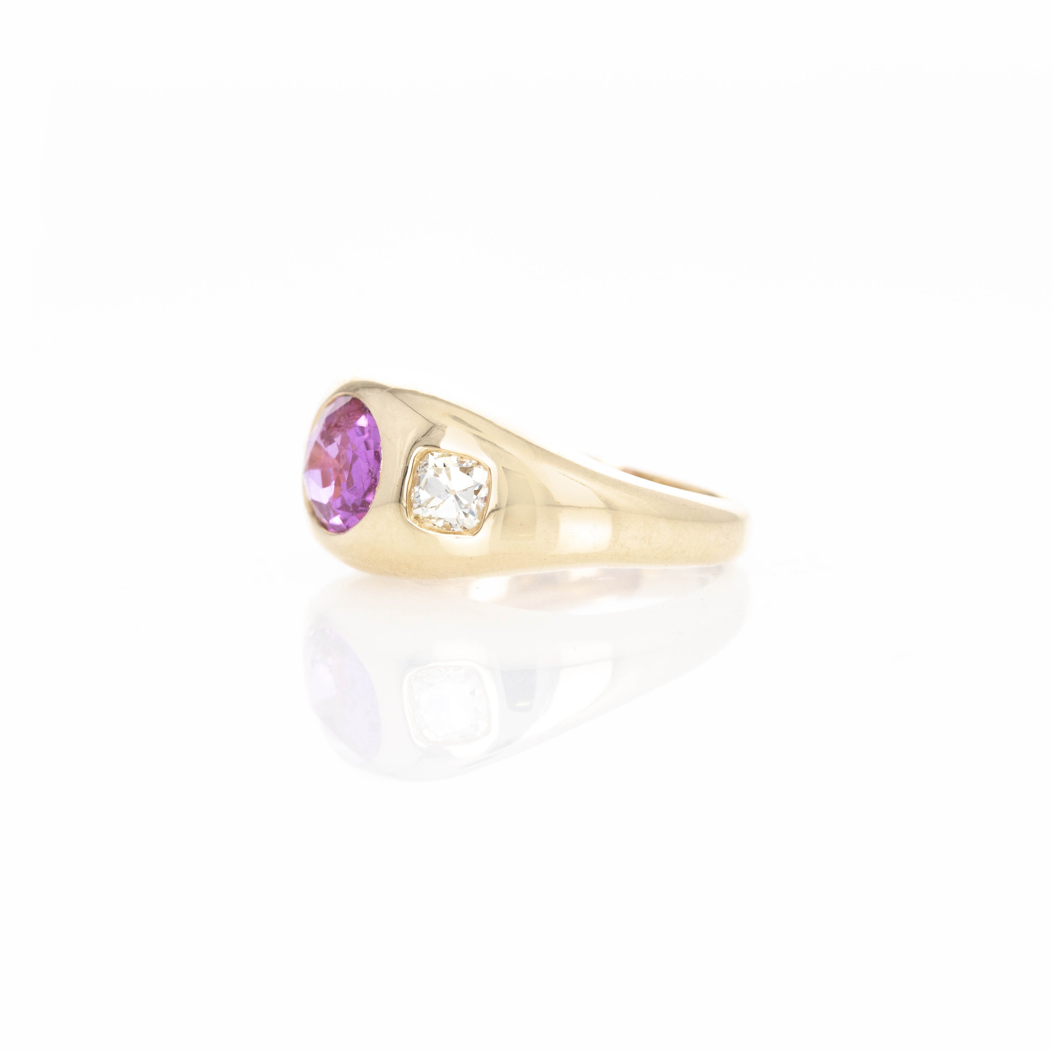 18K Yellow Gold 2.02 Carat Pink Sapphire Old Mine Diamond Gypsy Ring - Queen May