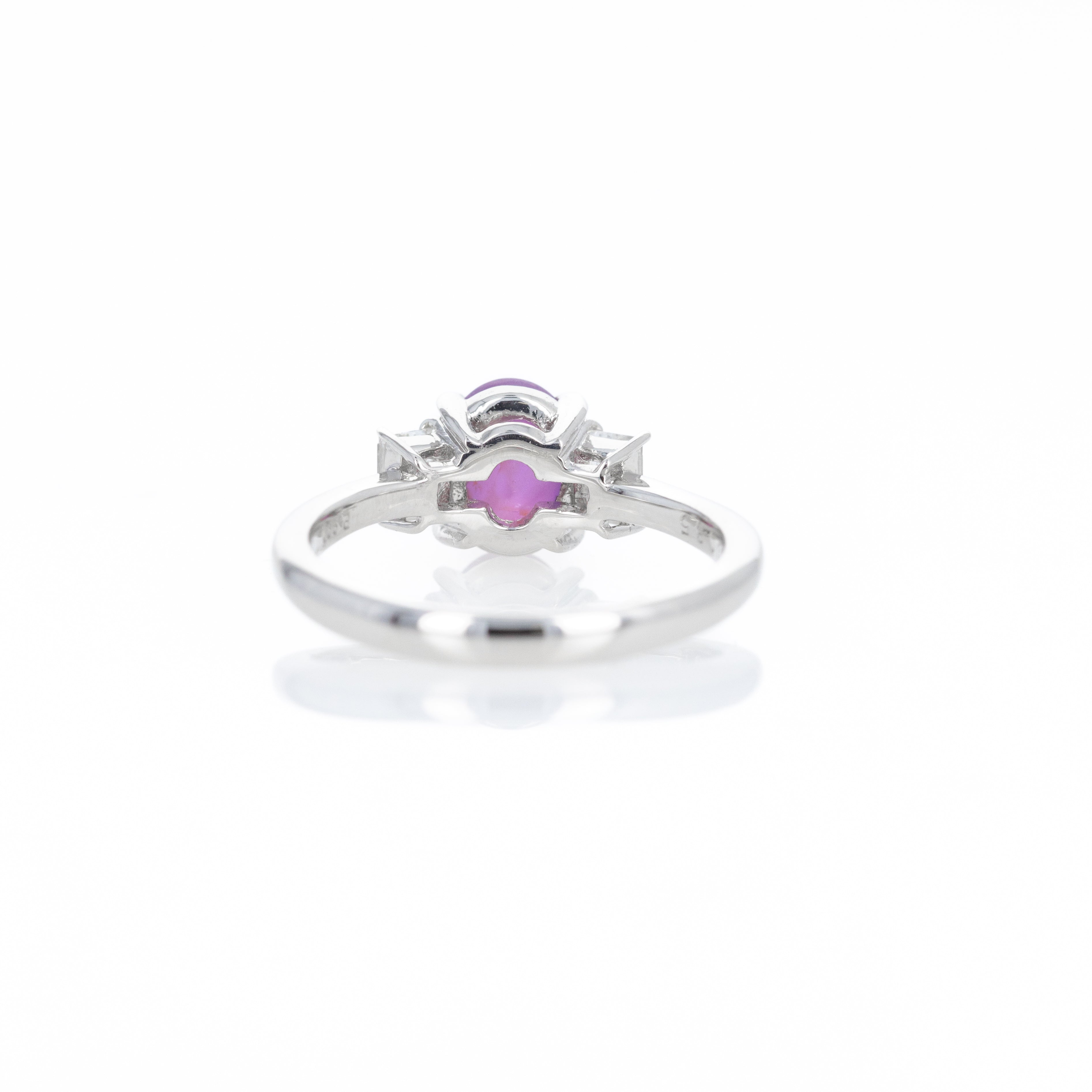Platinum 2.17 Carat Star Ruby Emerald Cut Diamond Three Stone Ring - Queen May