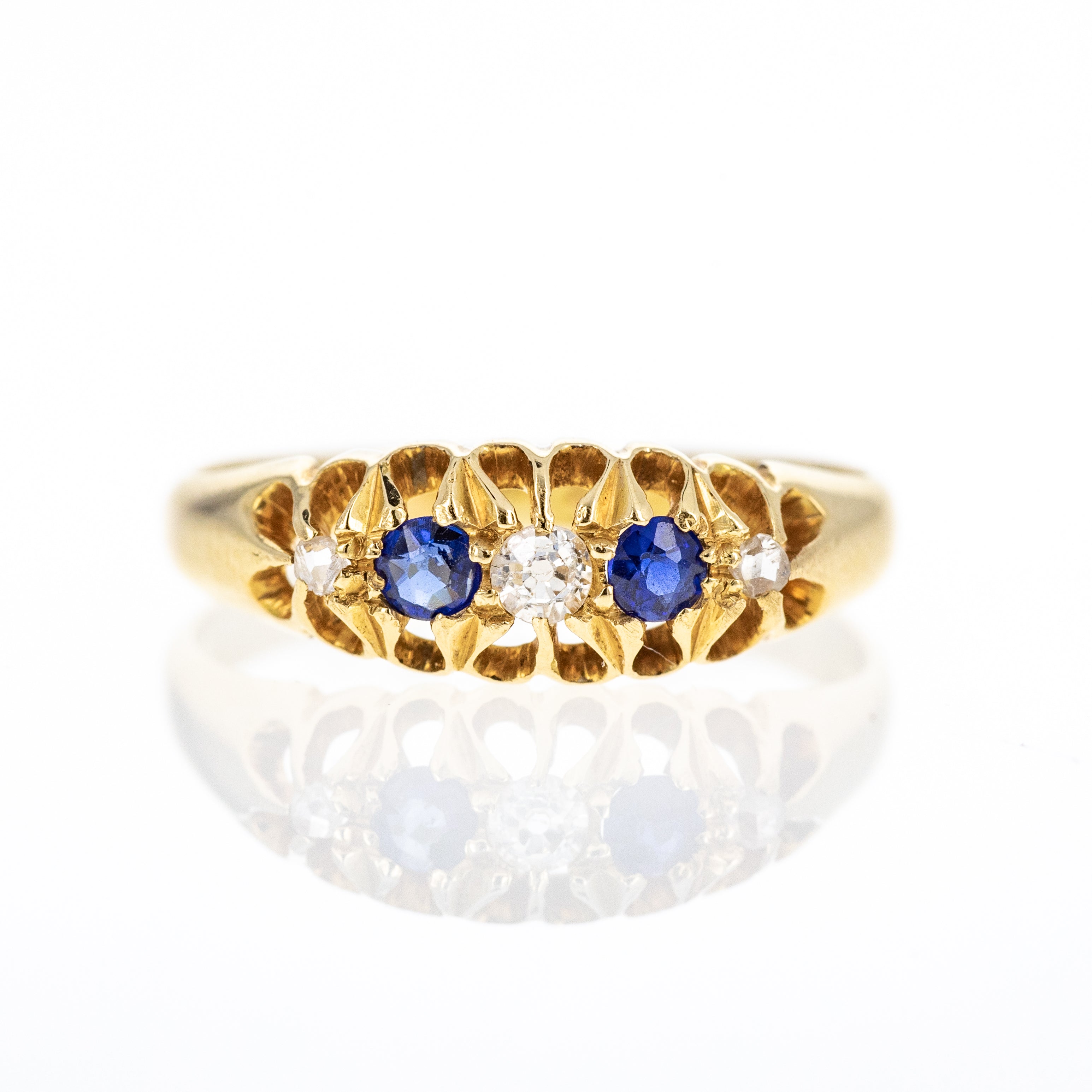 Victorian 18K Yellow Gold English 0.10 Carat Sapphire Diamond Ring - Queen May