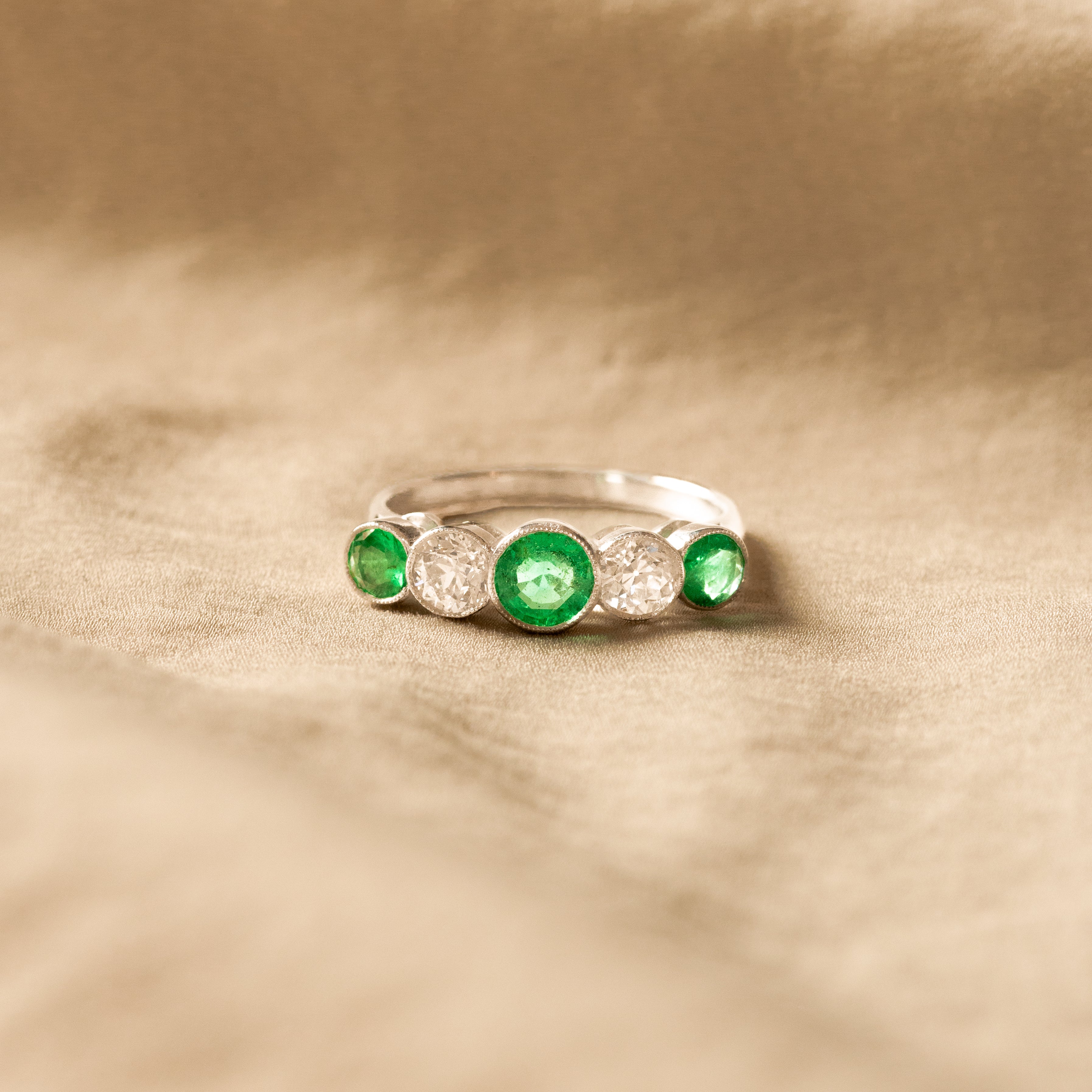 Art Deco Inspired Round Natural Emerald Diamond Five Stone Bezel Ring - Queen May