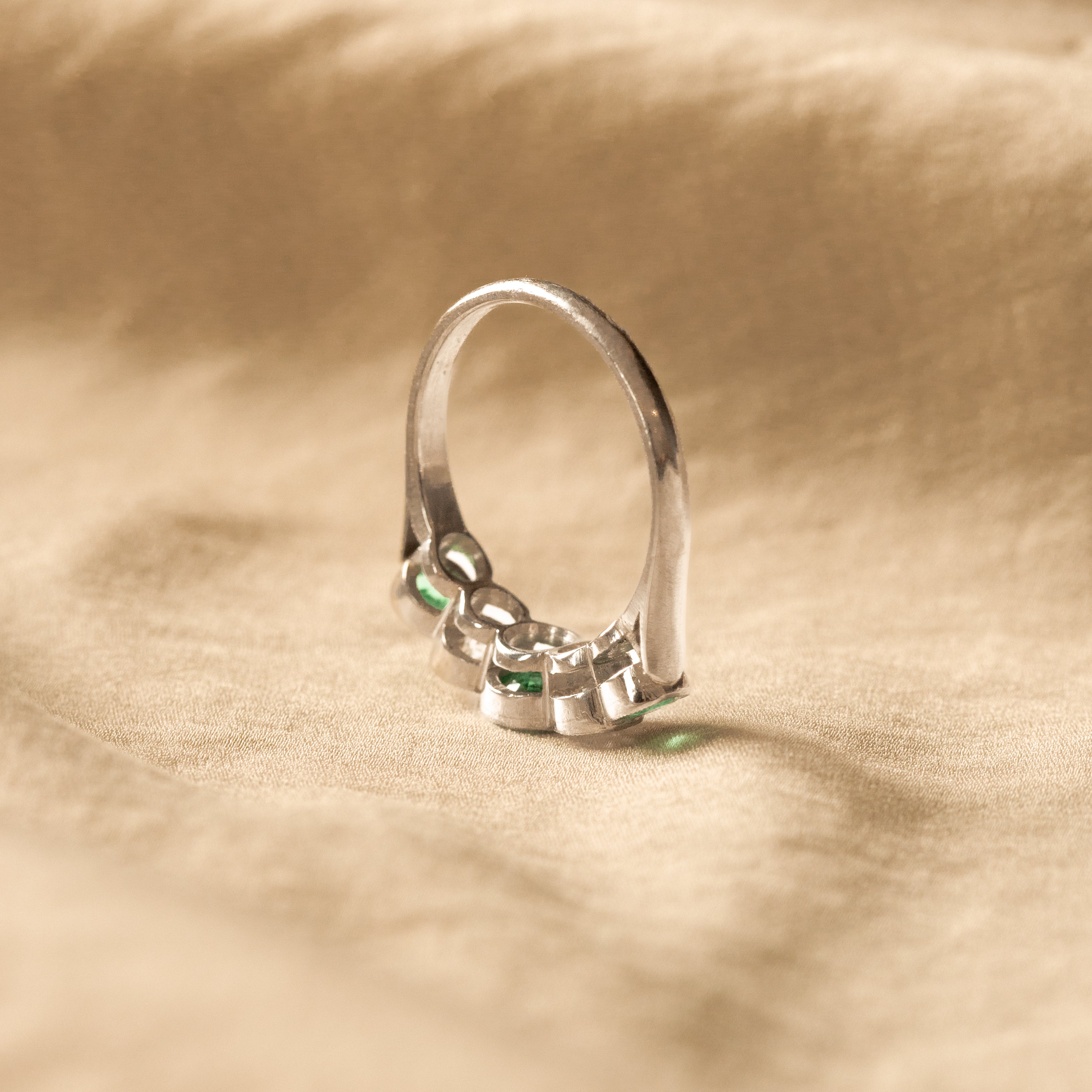 Art Deco Inspired Round Natural Emerald Diamond Five Stone Bezel Ring - Queen May