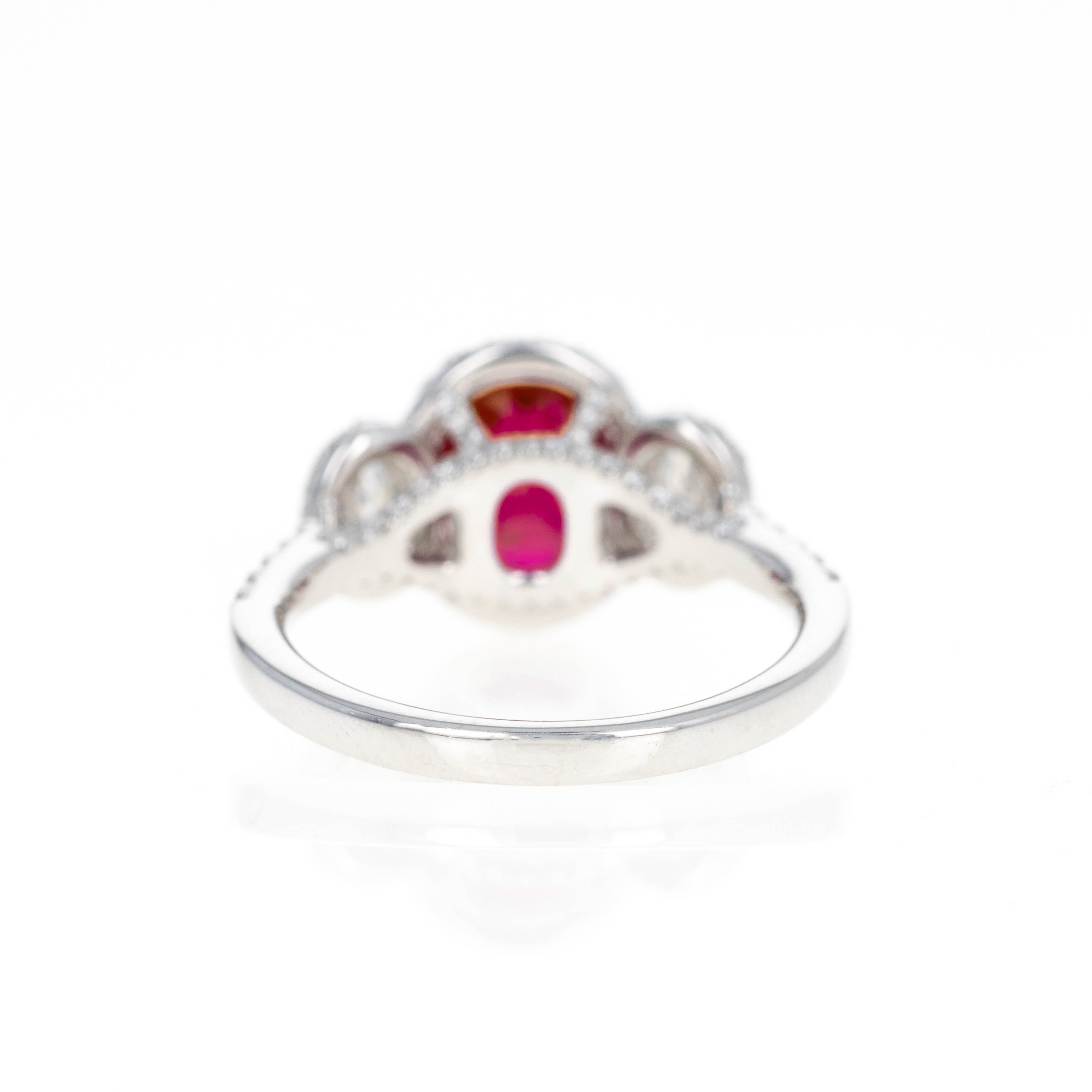 Platinum 0.94 Carat Oval Natural Ruby Diamond Three Stone Halo Ring - Queen May