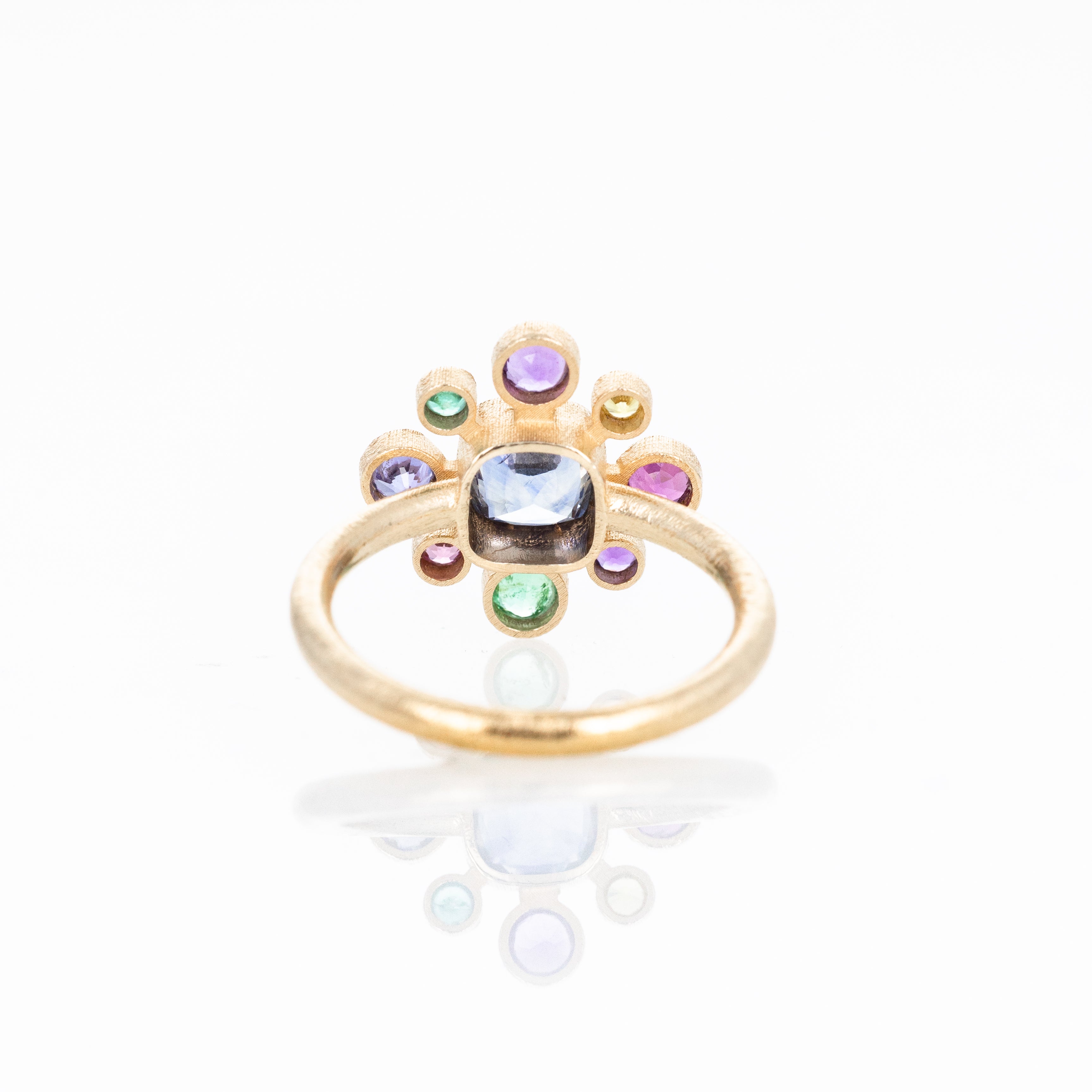14K Yellow Gold Sapphire and Multicolor Gemstone Floral Cluster Bezel Ring - Queen May