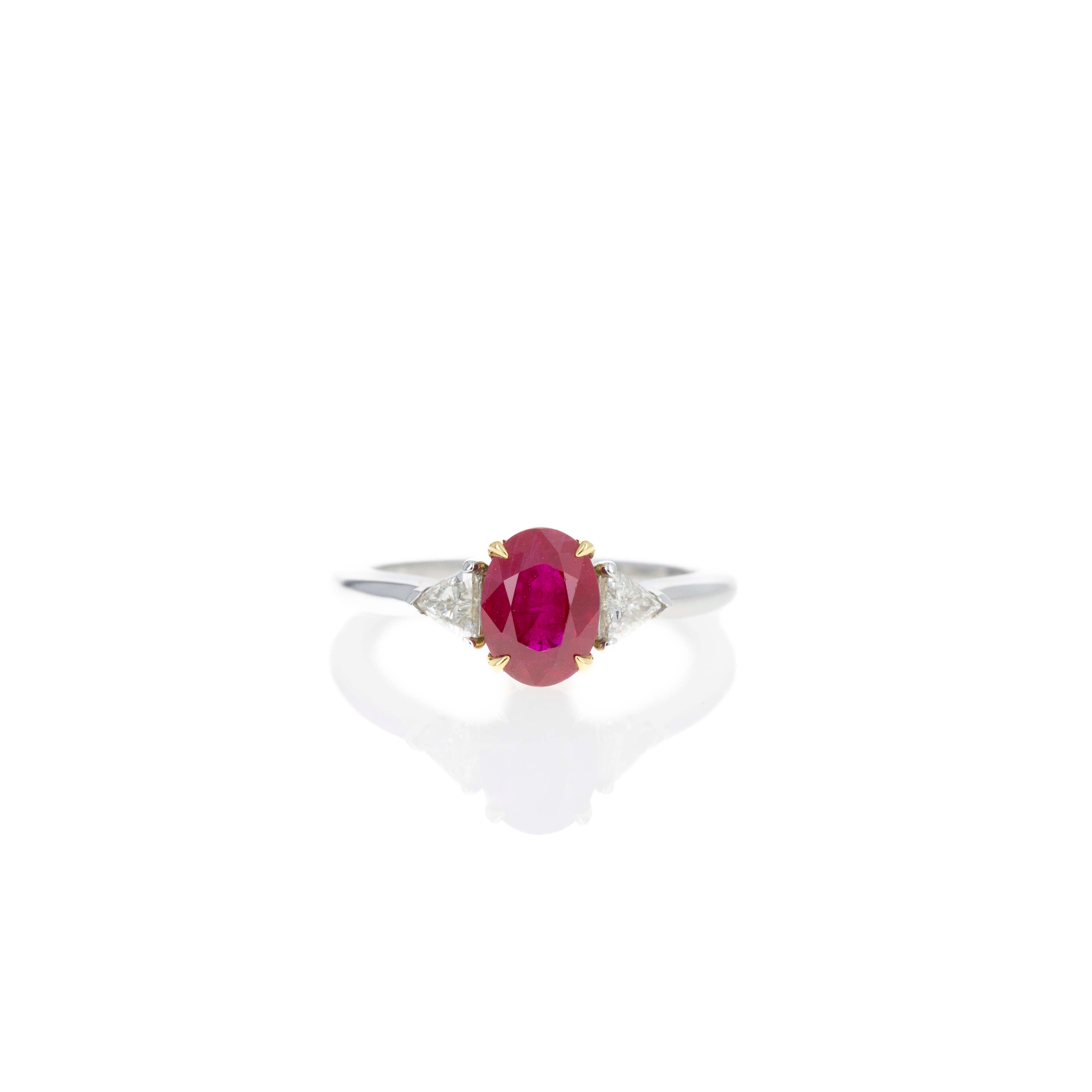 Platinum & 18K Yellow Gold 1.39 Carat Oval Natural Burma Ruby & Trillion Diamond Ring - Queen May