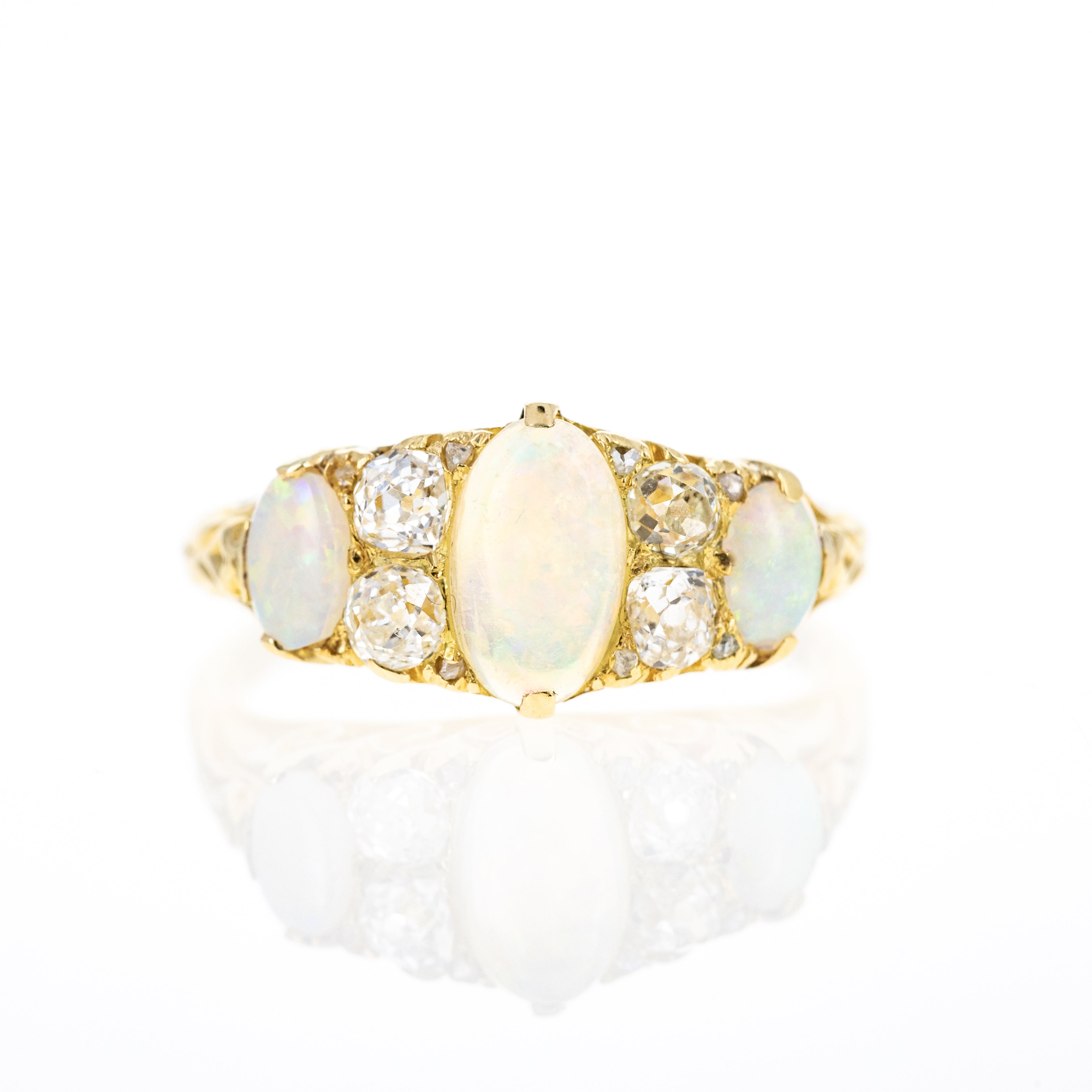 Victorian 18K Yellow Gold 1 Carat Opal Diamond Three Stone Band - Queen May