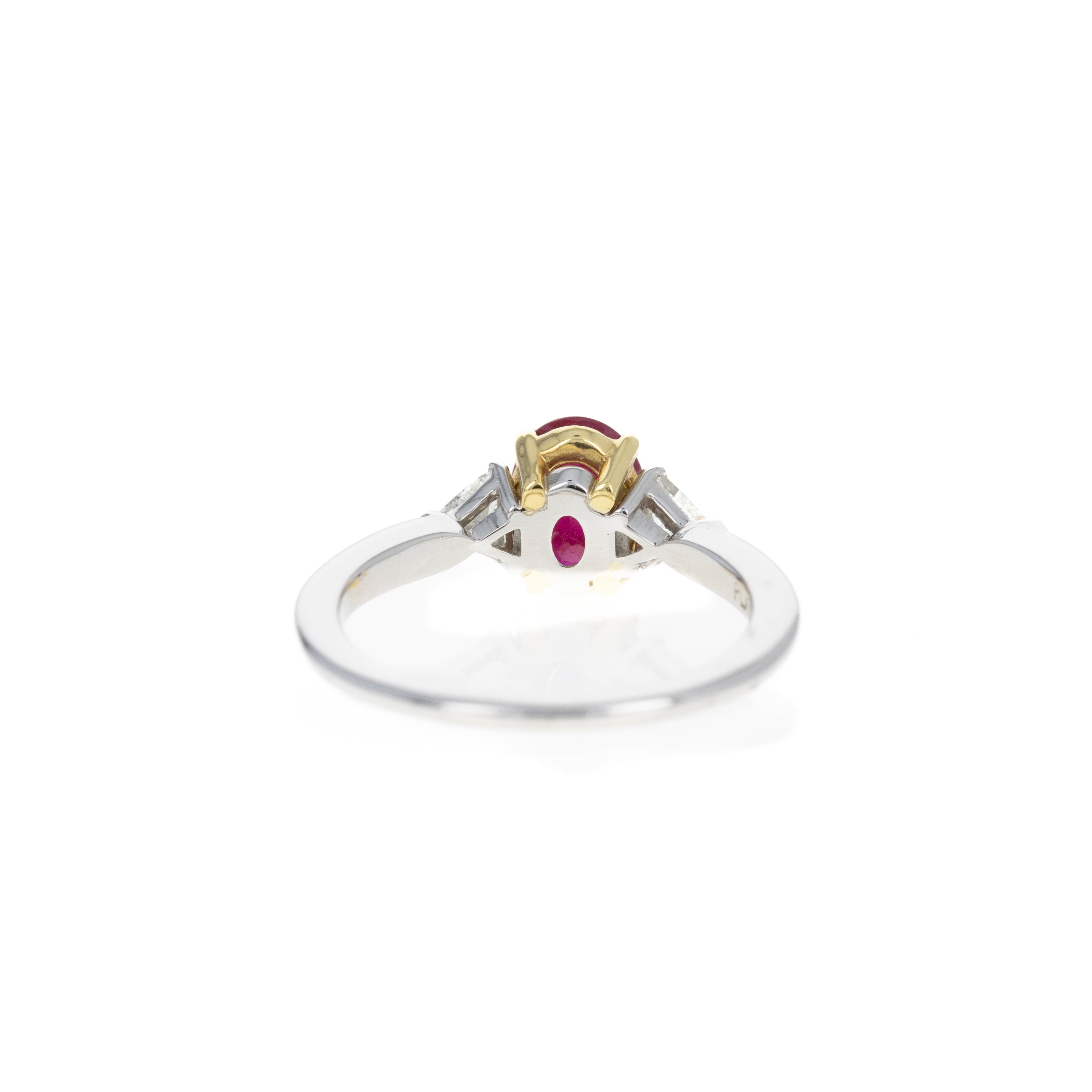 Platinum & 18K Yellow Gold 1.39 Carat Oval Natural Burma Ruby & Trillion Diamond Ring - Queen May