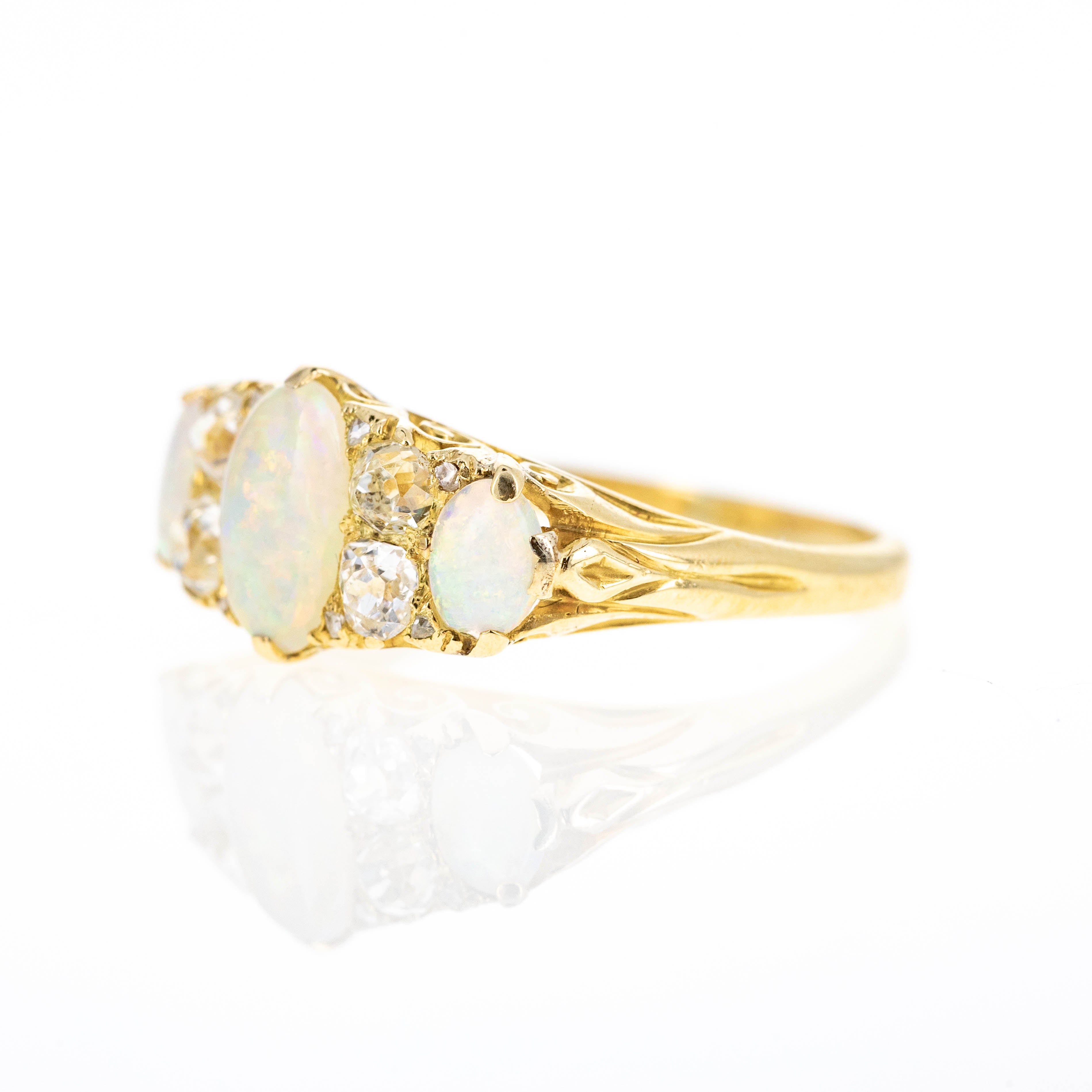 Victorian 18K Yellow Gold 1 Carat Opal Diamond Three Stone Band - Queen May