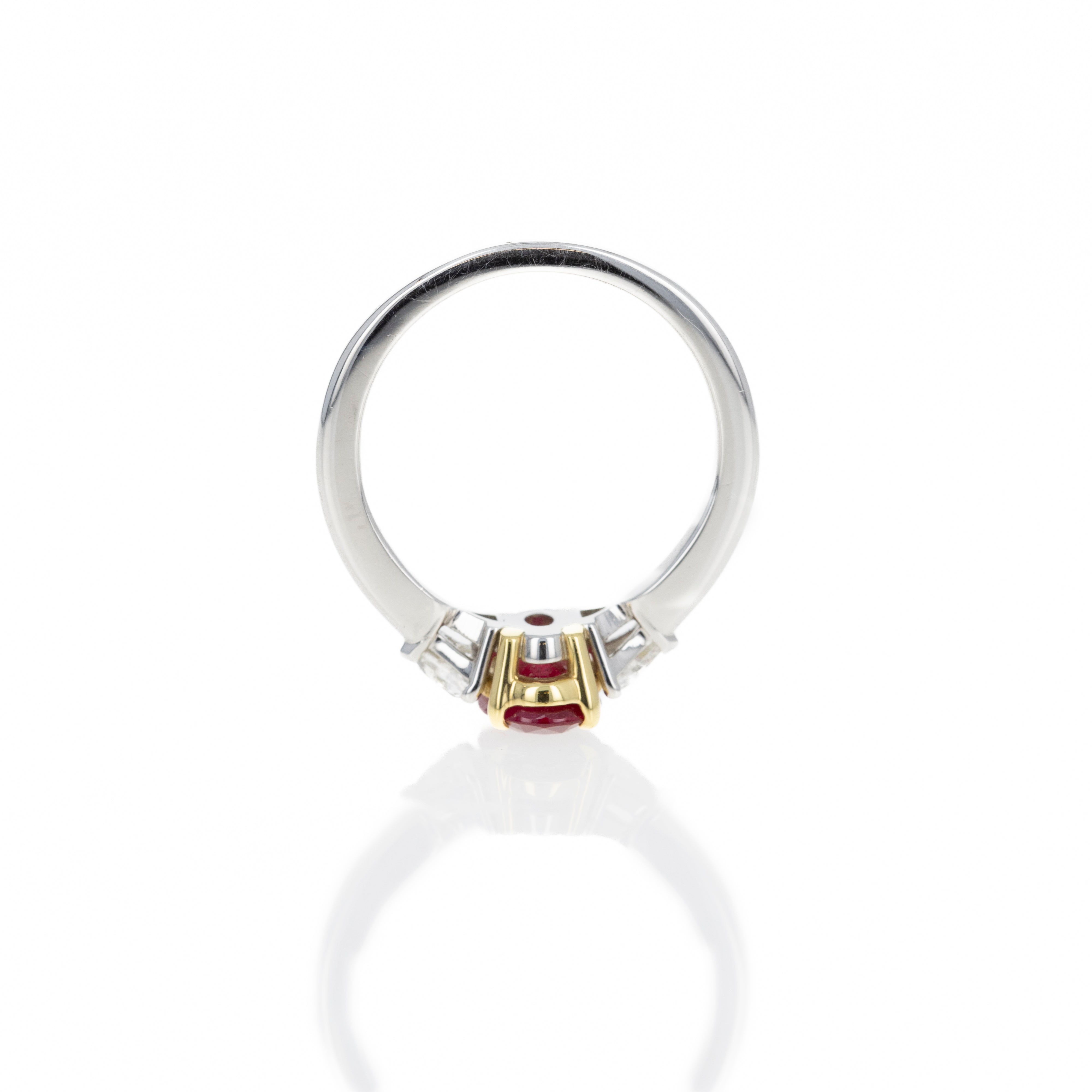 Platinum & 18K Yellow Gold 1.39 Carat Oval Natural Burma Ruby & Trillion Diamond Ring - Queen May