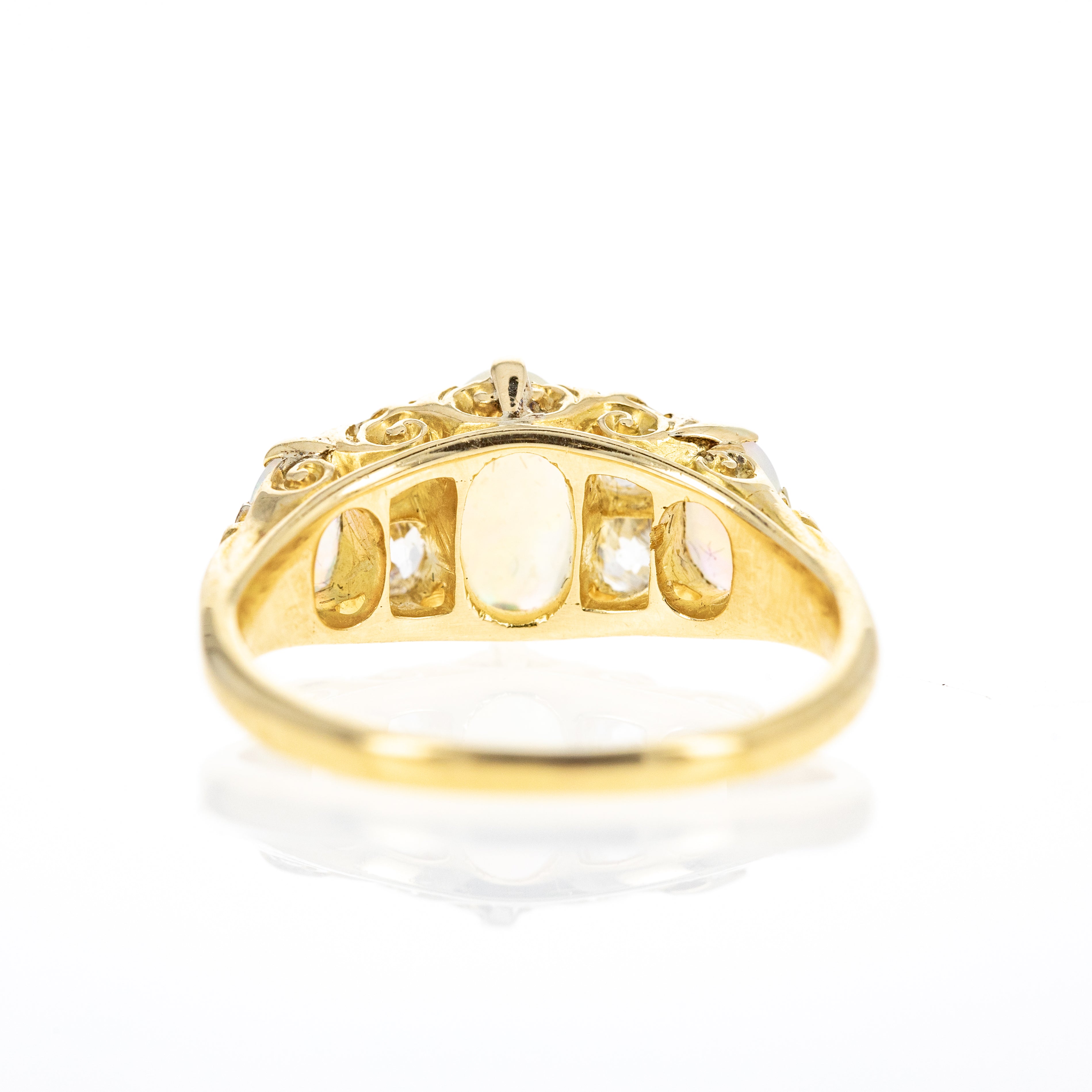 Victorian 18K Yellow Gold 1 Carat Opal Diamond Three Stone Band - Queen May