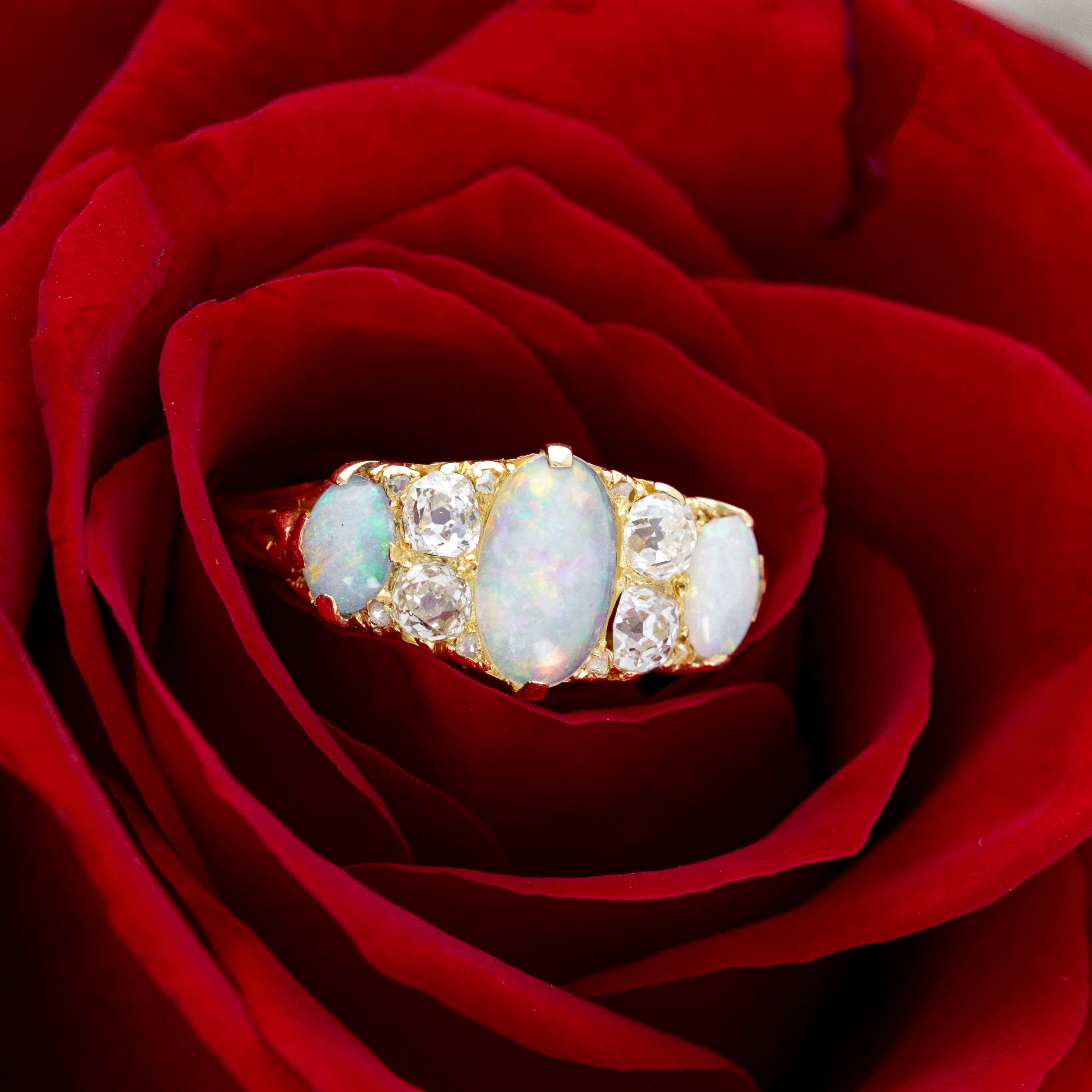 Victorian 18K Yellow Gold 1 Carat Opal Diamond Three Stone Band - Queen May