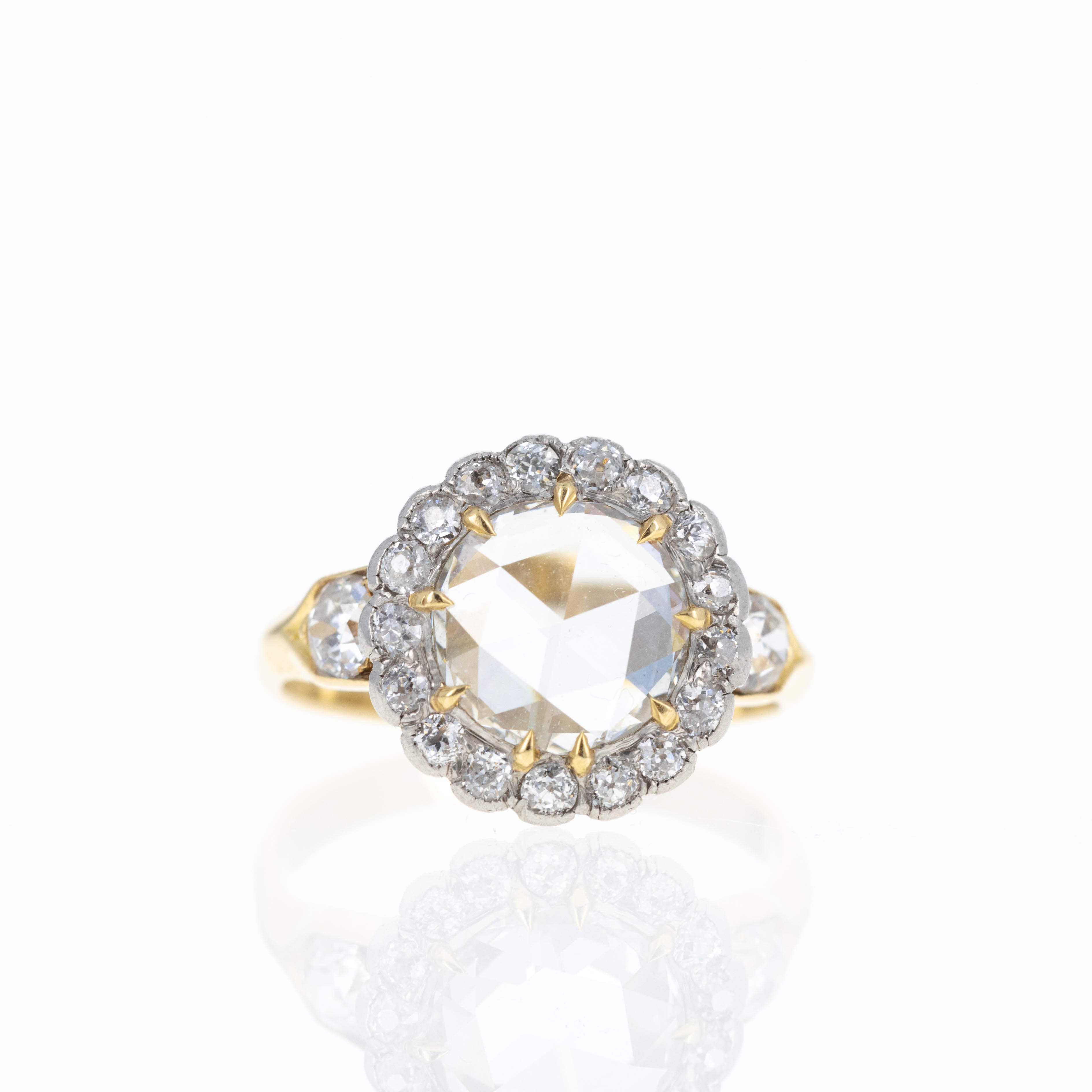 Victorian 14K and Platinum 1.50 Carat Rose Cut Diamond Halo Ring - Queen May