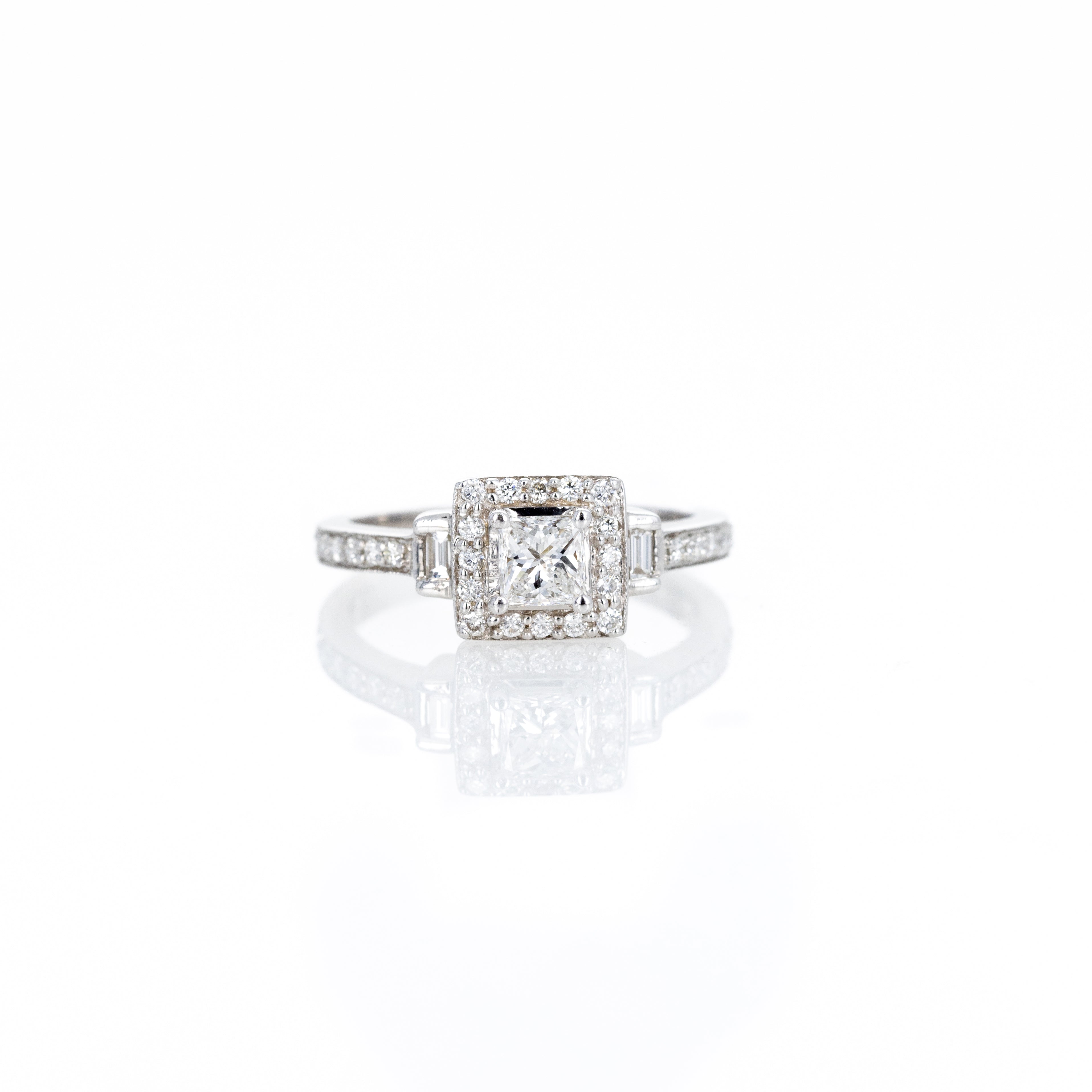 14K White Gold 0.40 Carat Princess Diamond Halo Engagement Ring - Queen May