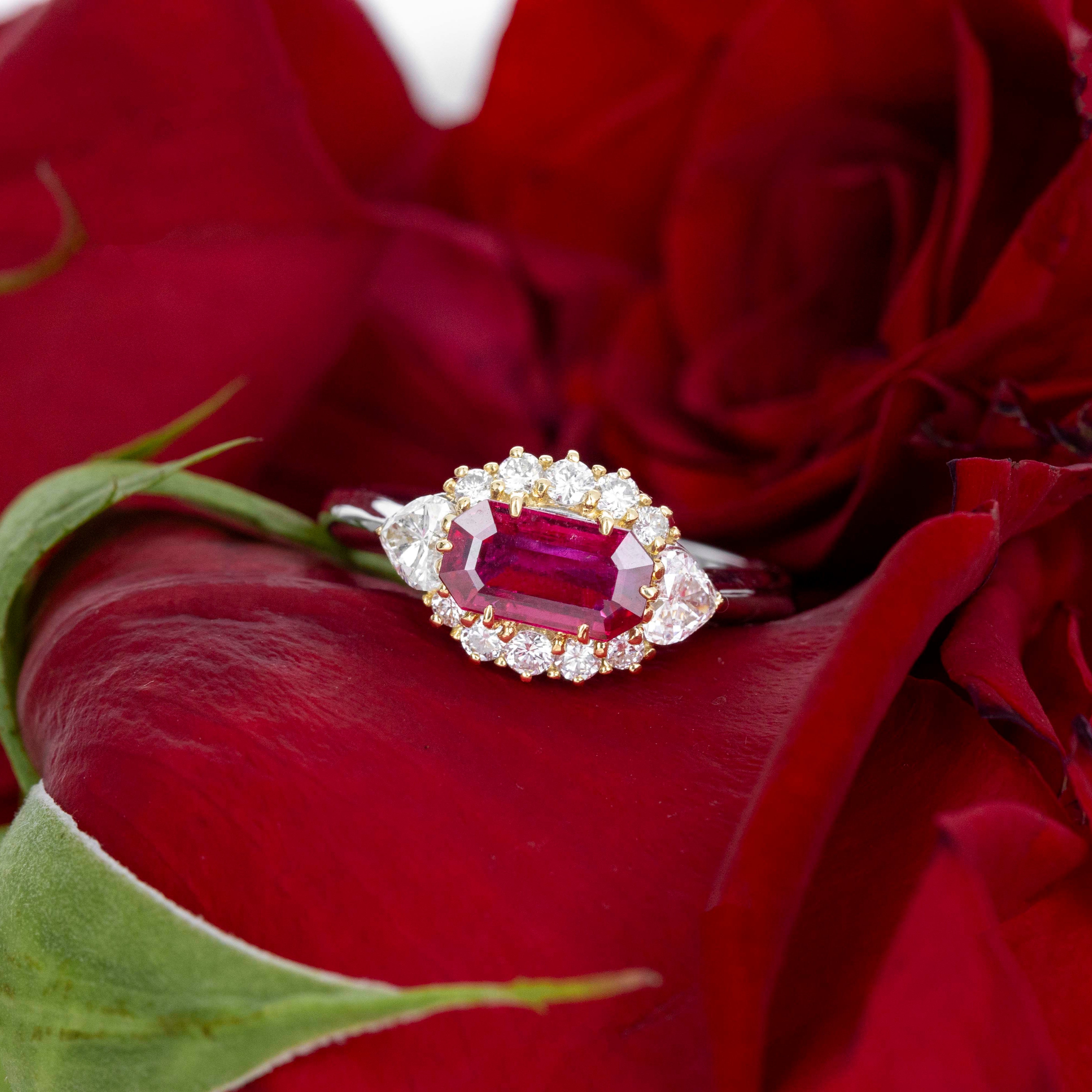 Platinum and 18K Yellow Gold 1.19 Carat Ruby Diamond Halo Heart Ring - Queen May
