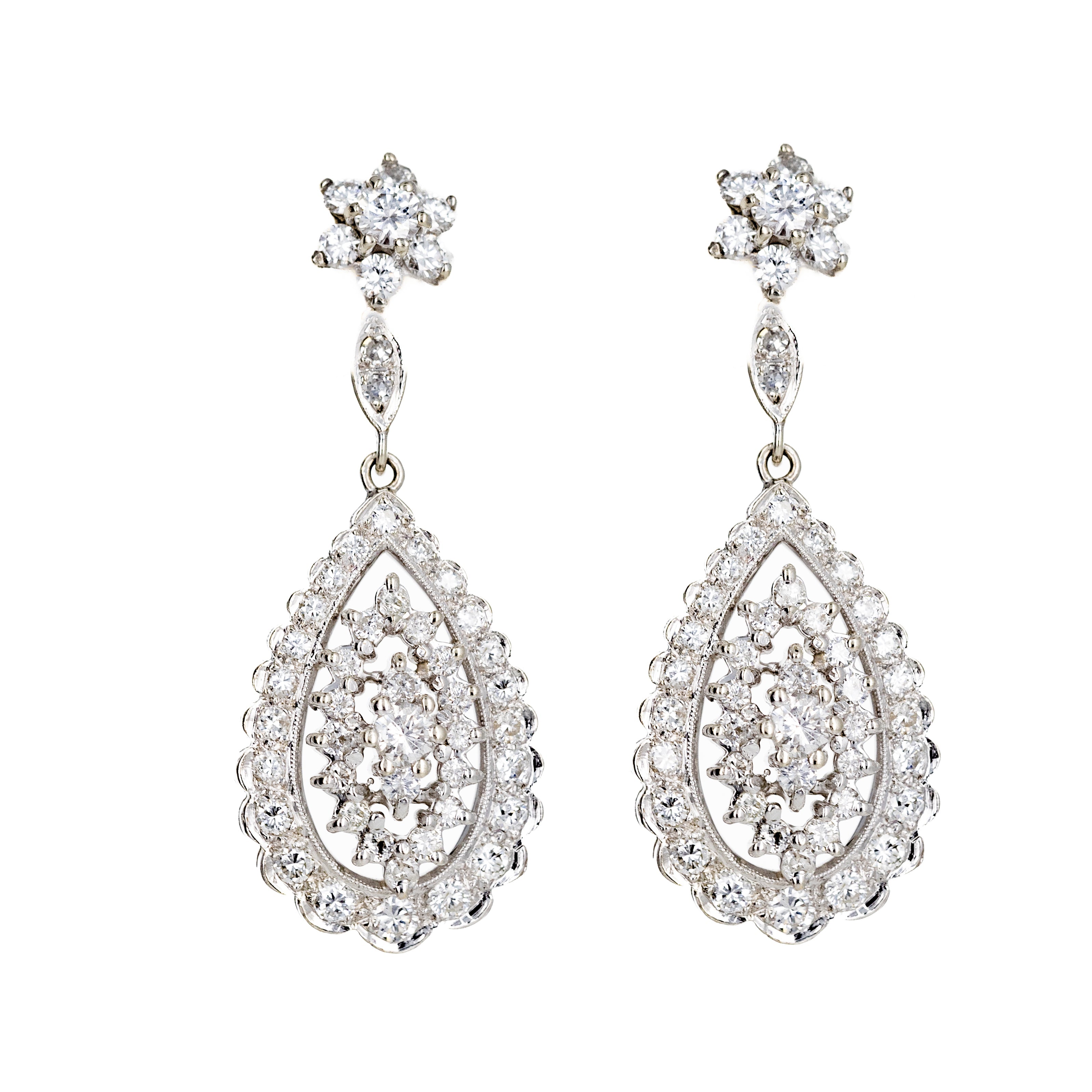 14K White Gold 2 Carat Diamond Flower Drop Earrings - Queen May
