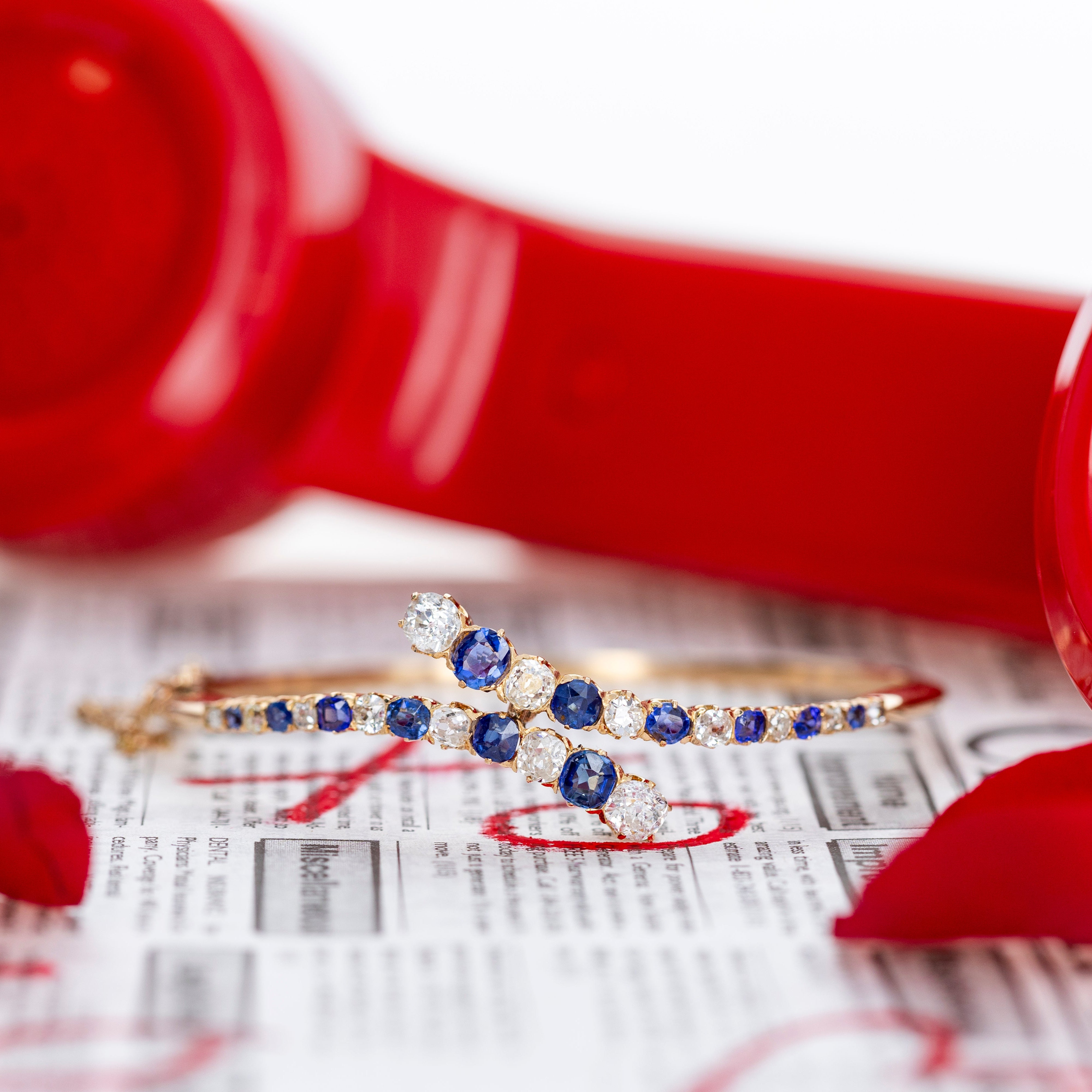 Victorian 14K Yellow Gold 2.5 Carat Old European Cut Diamond Sapphire Bangle - Queen May